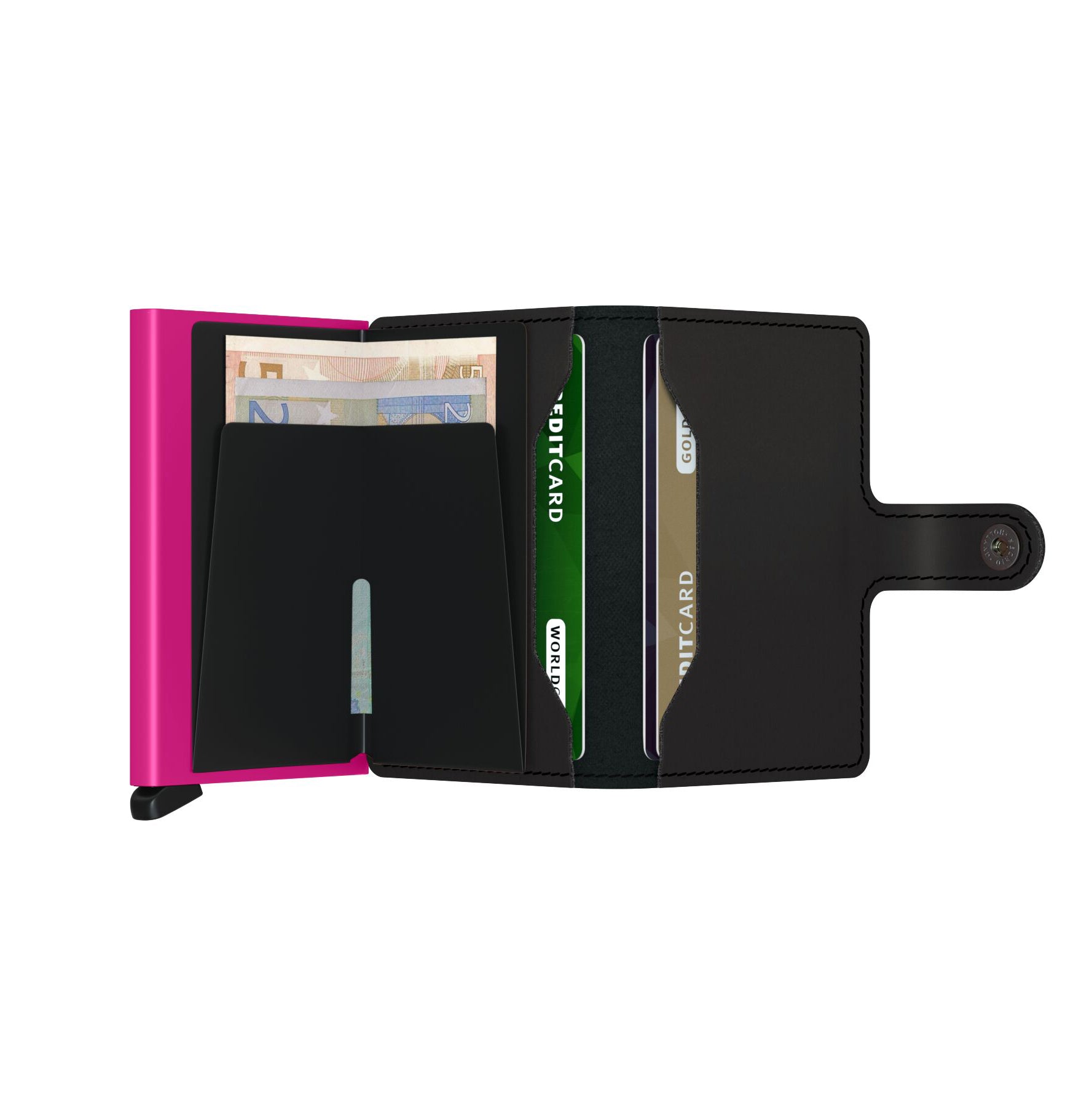 Secrid Miniwallet Matte│art. MM-BLACK&FUCHSIA│Pasjeshouder en Portemonnee│geopend met contant geld