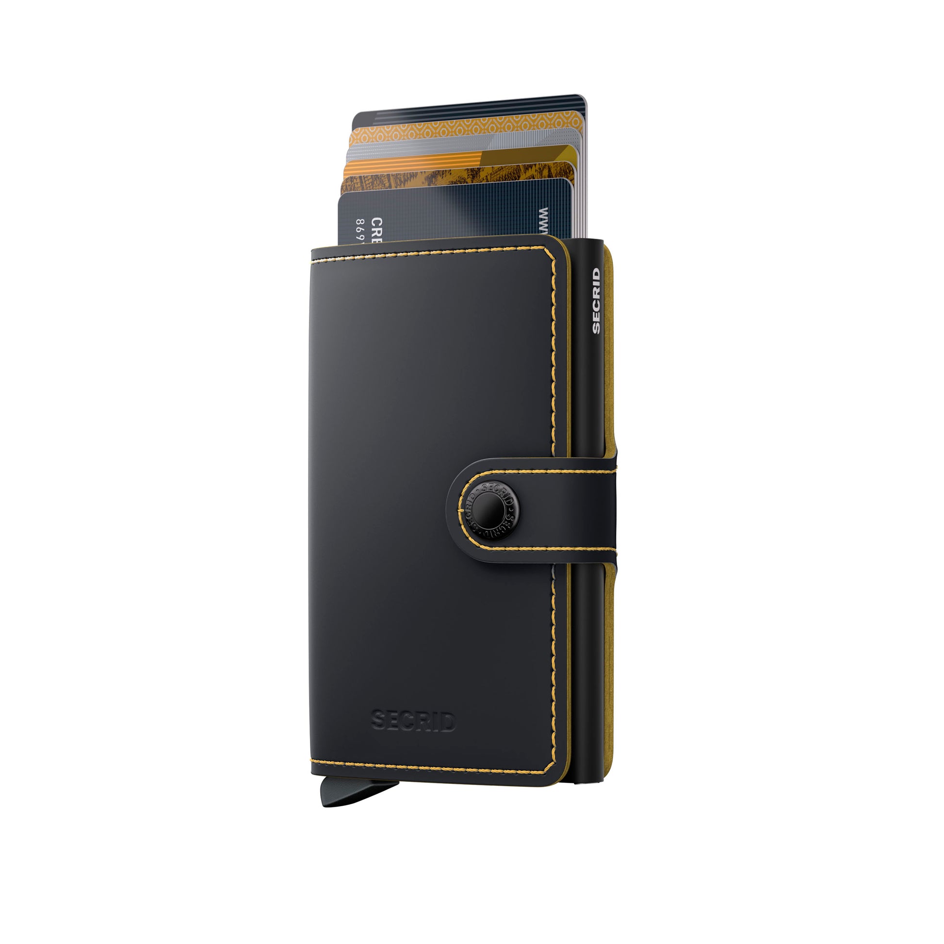 Secrid Miniwallet Matte│Pasjeshouder│art. MM-BLACK&OCHRE│vooraanzicht met uitgeschoven pasjes