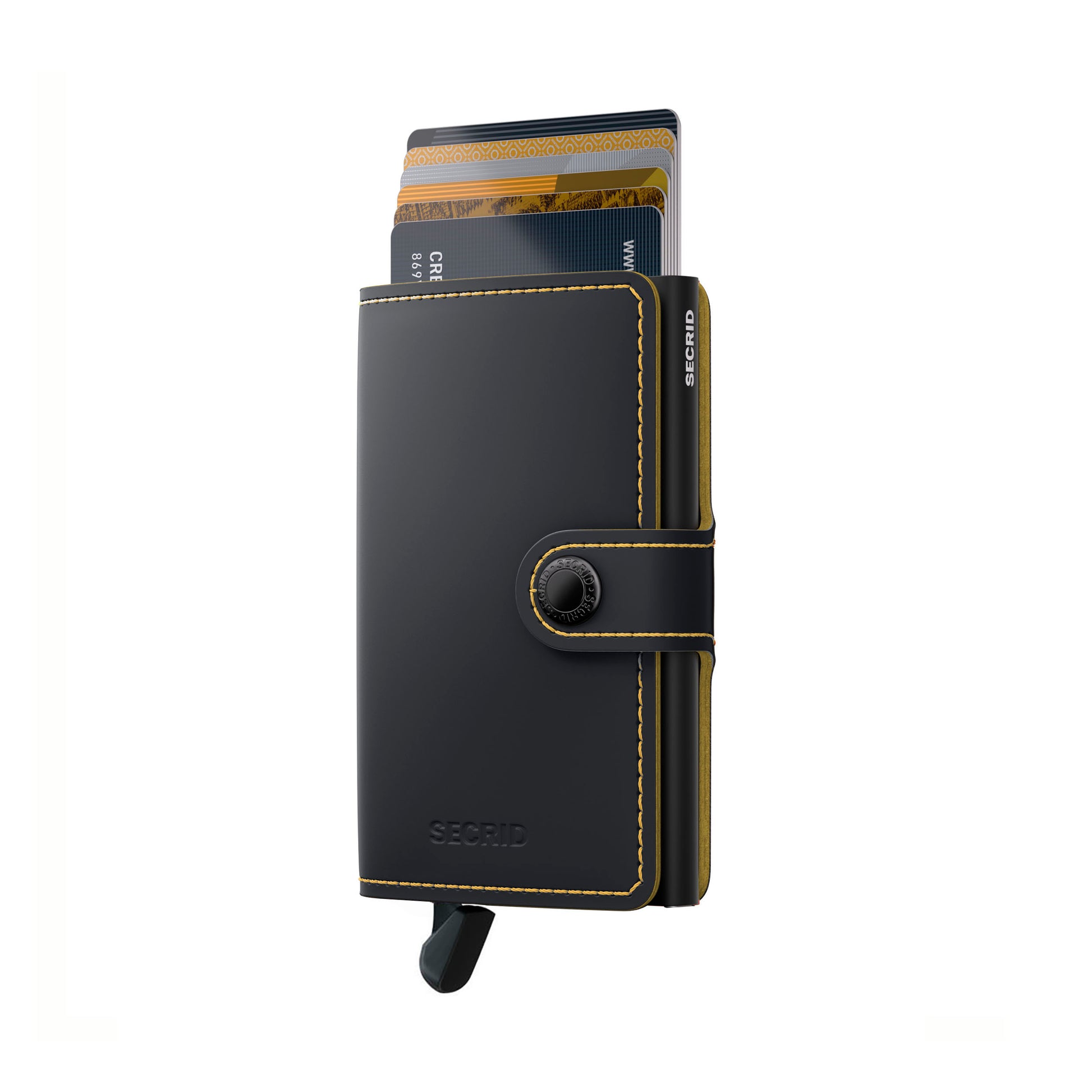 Secrid Miniwallet Matte│Pasjeshouder│art. MM-BLACK&OCHRE│voorkant met uitgeschoven pasjes en clip