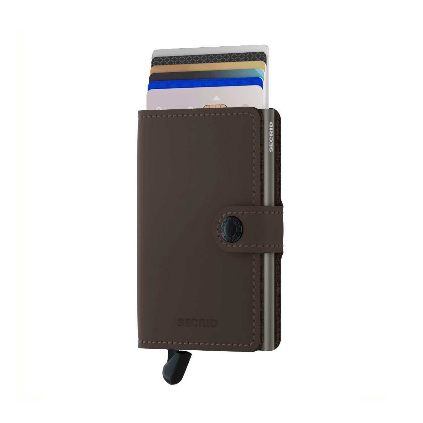 Secrid Miniwallet Matte│art. MM-TRUFFLE│Pasjeshouder en Portemonnee│voorkant met uitgeschoven pasjes en clip