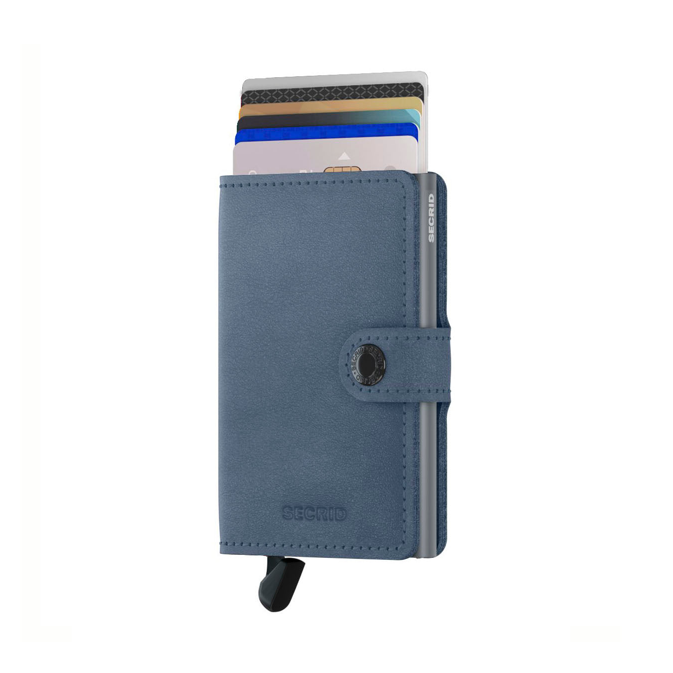 Secrid Miniwallet Original│art. M-ICE BLUE│Pasjeshouder│voorkant met uitgeschoven pasjes en clip