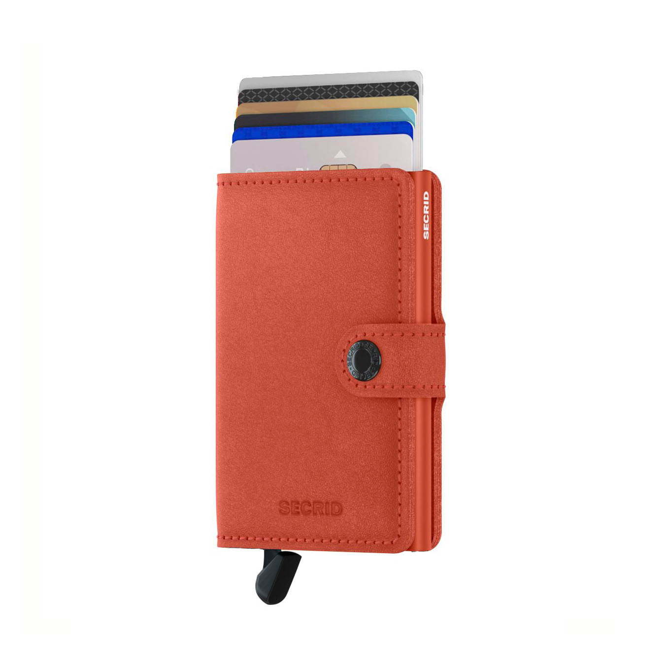 Secrid Miniwallet Original│Pasjeshouder en Portemonnee│art. M-ORANGE│voorkant met uitgeschoven pasjes en clip