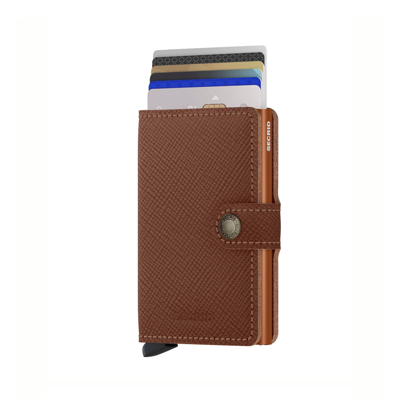 Secrid Miniwallet Saffiano│art. MSA-CARAMEL│Pasjeshouder│vooraanzicht met uitgeschoven pasjes