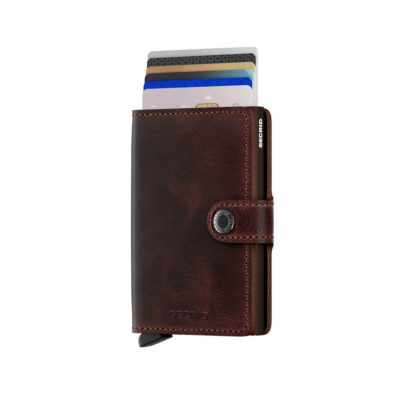 Secrid Miniwallet Vintage│art. MV-CHOCOLAT│Pasjeshouder en Portemonnee│vooraanzicht met uitgeschoven kaarten