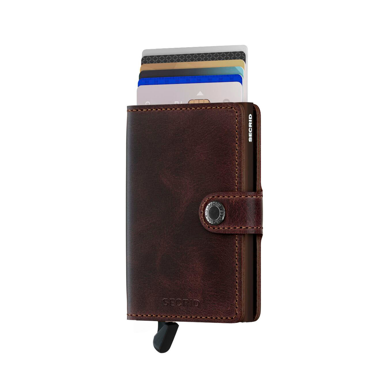 Secrid Miniwallet Vintage│art. MV-CHOCOLAT│Pasjeshouder en Portemonnee│vooraanzicht met uitgeschoven pasjes en clip