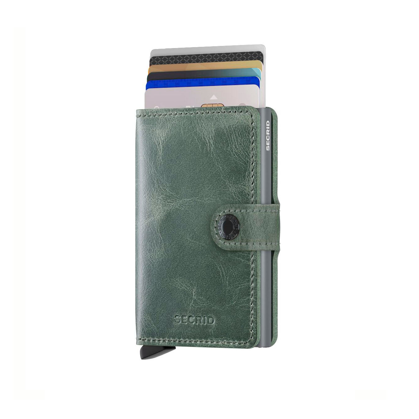 Secrid Miniwallet Vintage│art. MV-SAGE│Portemonnee en pasjeshouder│vooraanzicht met uitgeschoven pasjes