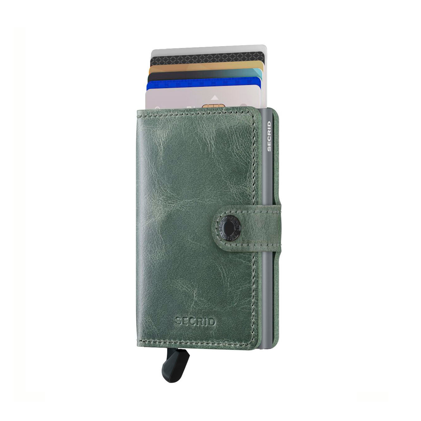 Secrid Miniwallet Vintage│art. MV-SAGE│Portemonnee en pasjeshouder│vooraanzicht met uitgeschoven kaarten en trekmechanisme
