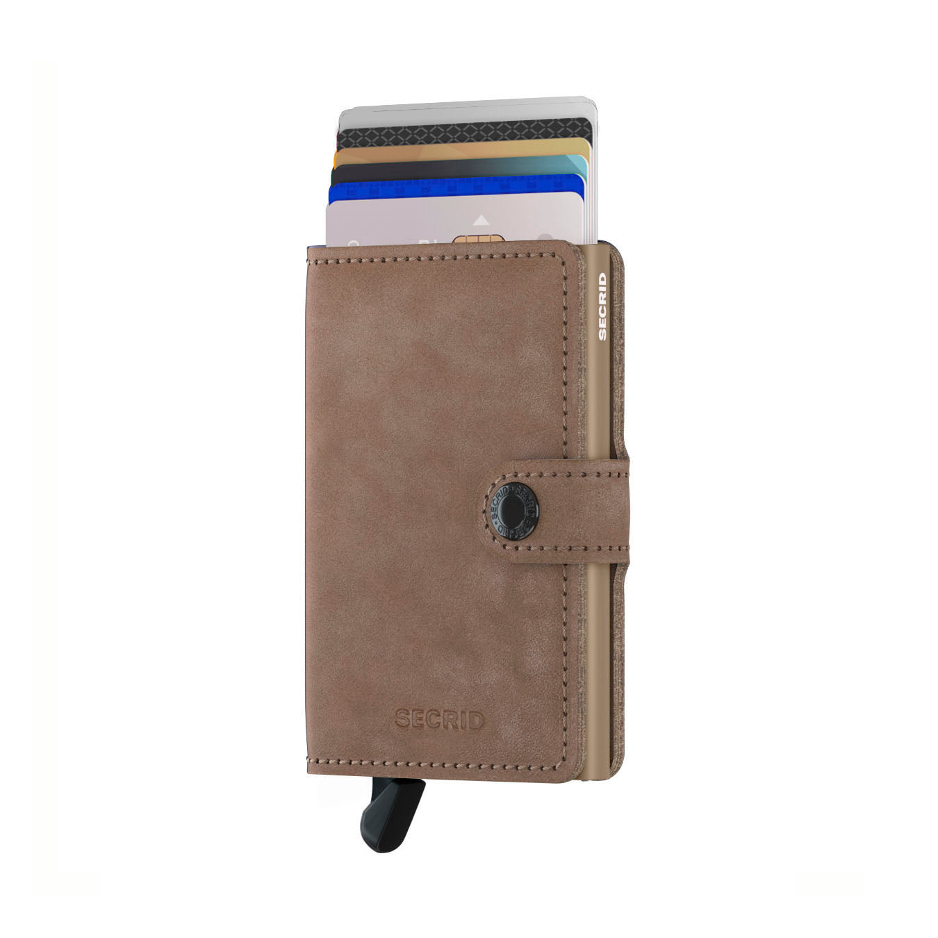 Secrid Miniwallet Vintage│art. MV-TAUPE│Pasjeshouder en Portemonnee│voorkant met uitgeschoven pasjes en clip
