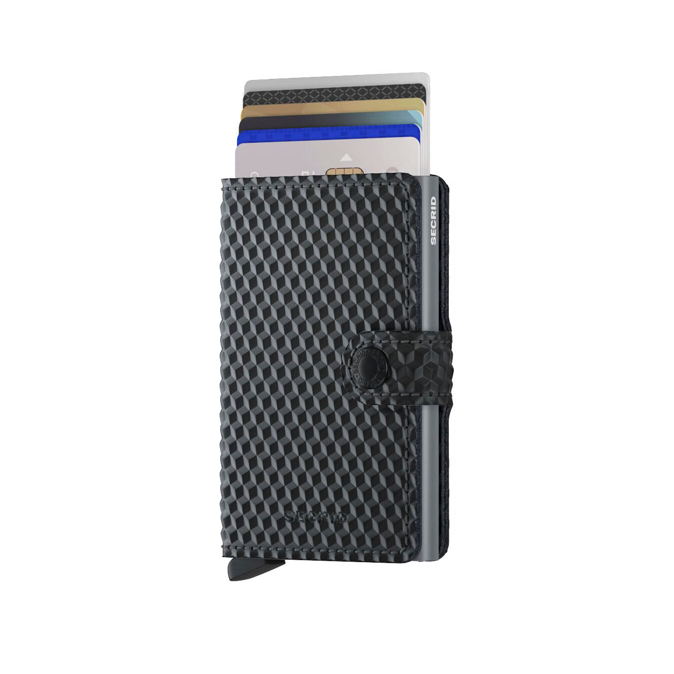 Secrid Miniwallet│Pasjeshouder│art. MCU-BLACK-TITANIUM│vooraanzicht met uitgeschoven pasjes