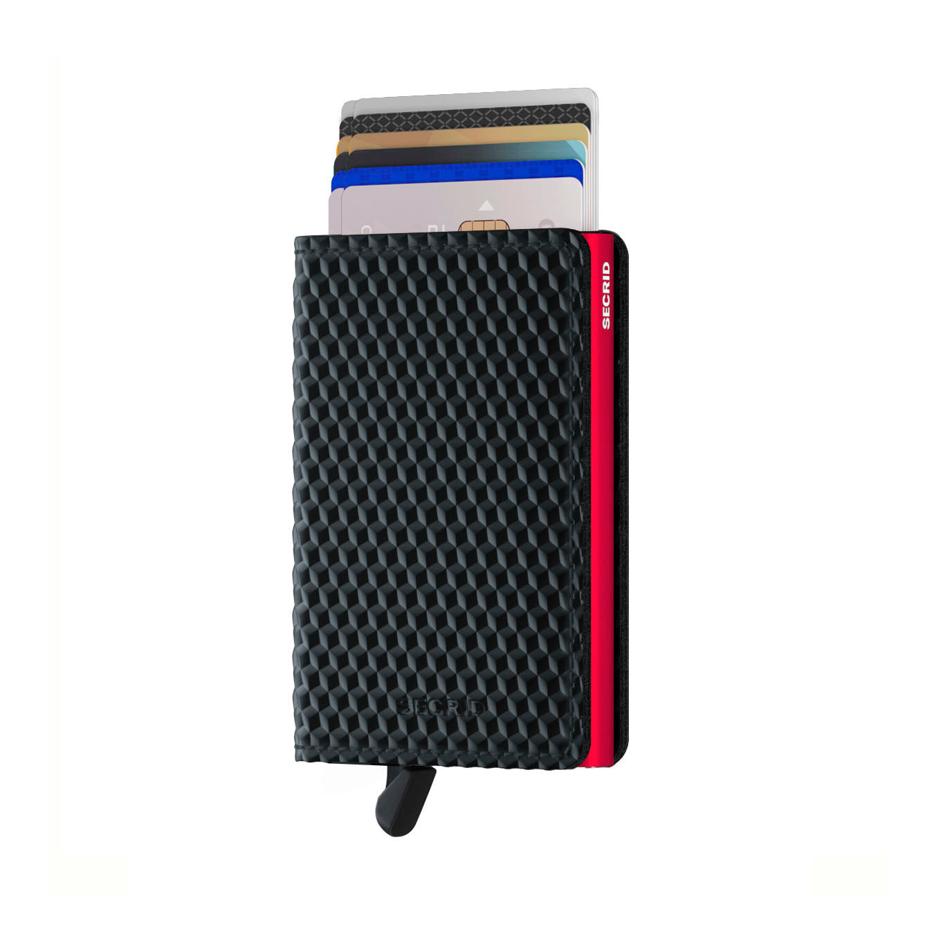 Secrid Slimwallet Cubic│art. SCU-BLACK-RED│Pasjeshouder│voorkant met uitgeschoven pasjes en clip