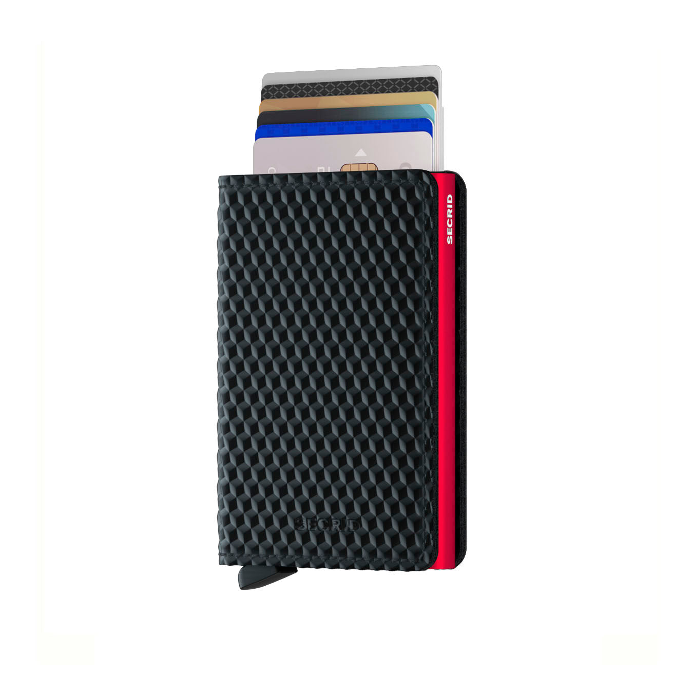 Secrid Slimwallet Cubic│art. SCU-BLACK-RED│Pasjeshouder│vooraanzicht met uitgeschoven pasjes