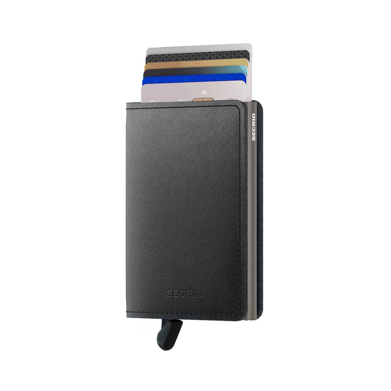 Secrid Slimwallet Mirum-Plant Based│Pasjeshouder│art. SMI-BLACK│voorkant met uitgeschoven pasjes en clip
