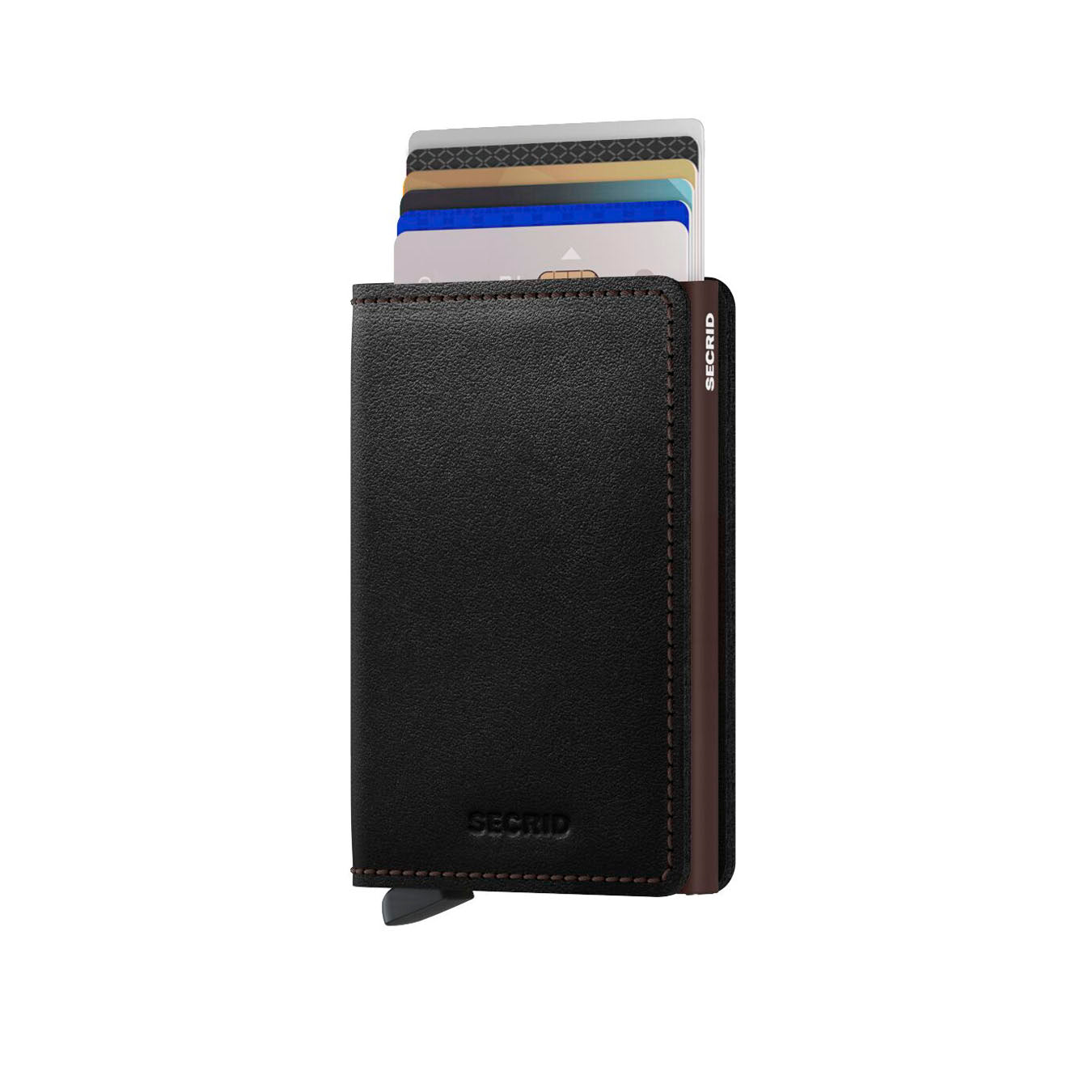 Secrid Slimwallet Original│art. SO-BLACK-BROWN│Pasjeshouder│vooraanzicht met uitgeschoven pasjes