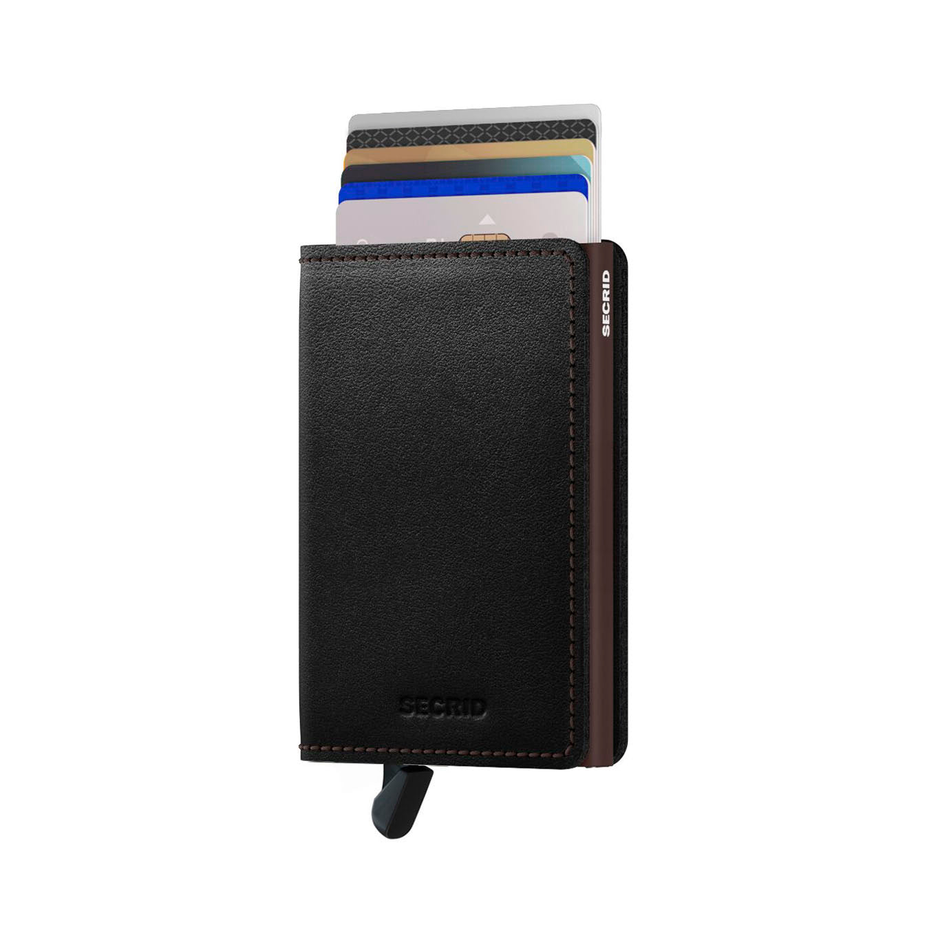 Secrid Slimwallet Original│art. SO-BLACK-BROWN│Pasjeshouder│voorkant met uitgeschoven pasjes en clip