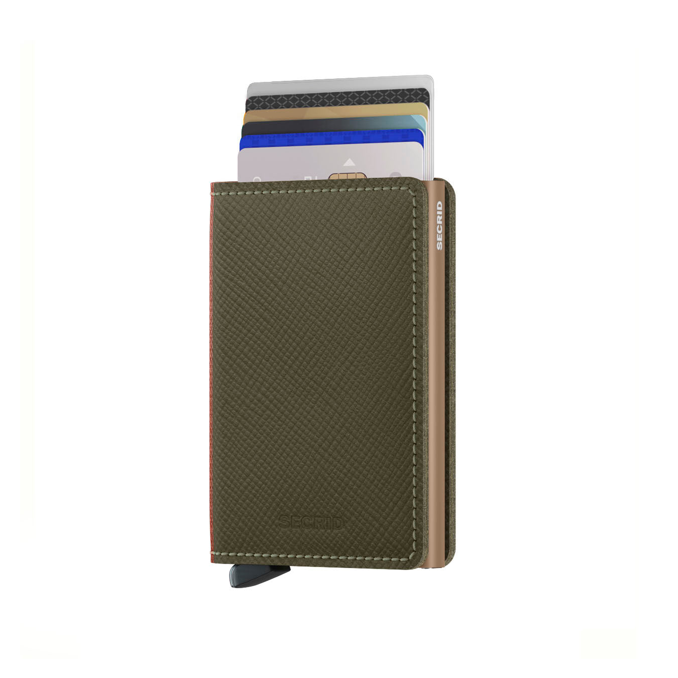 Secrid Slimwallet Saffiano│art. SSA-OLIVE│Pasjeshouder│vooraanzicht met uitgeschoven pasjes