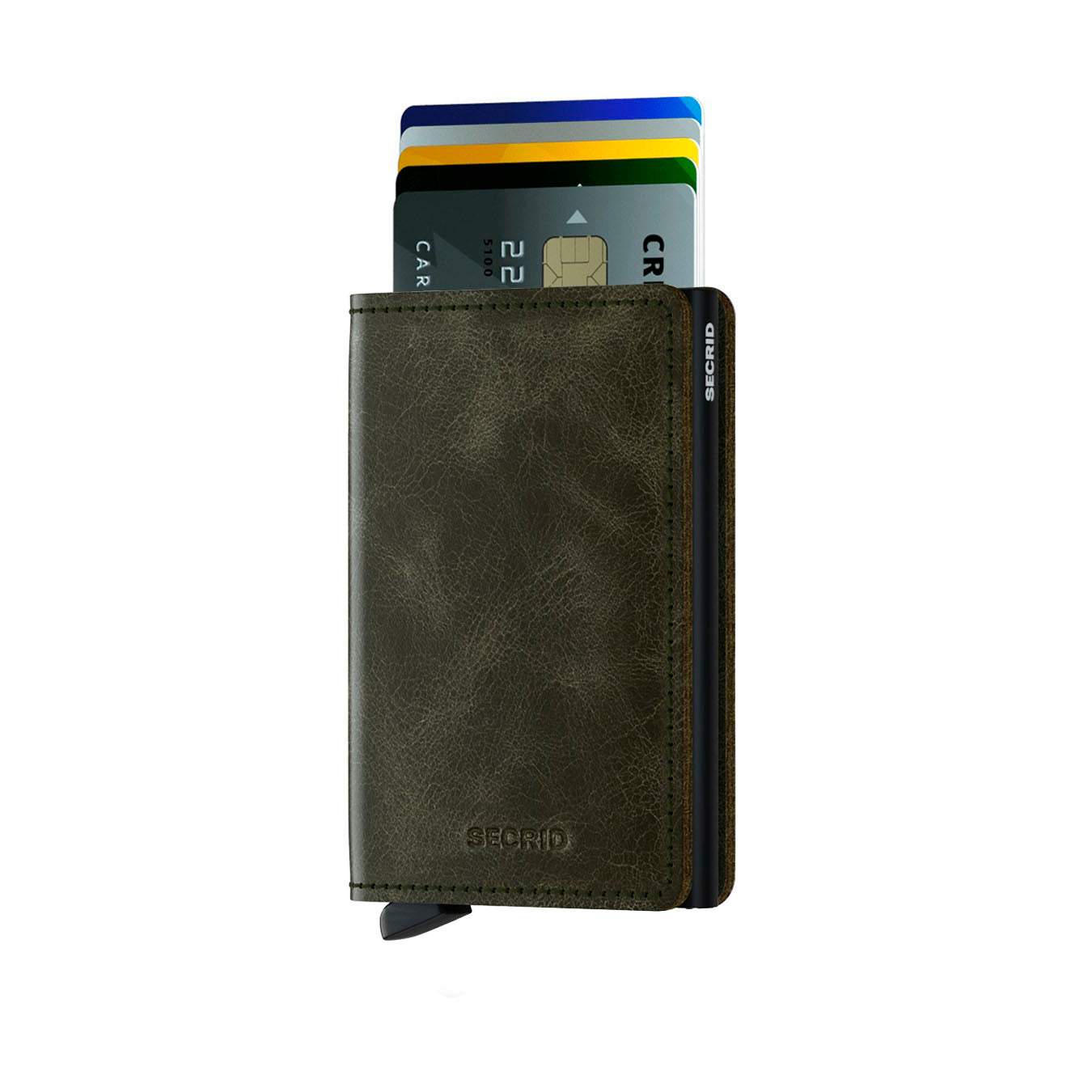 Secrid Slimwallet Vintage│art. SV-OLIVE-BLACK│Pasjeshouder│vooraanzicht met uitgeschoven pasjes
