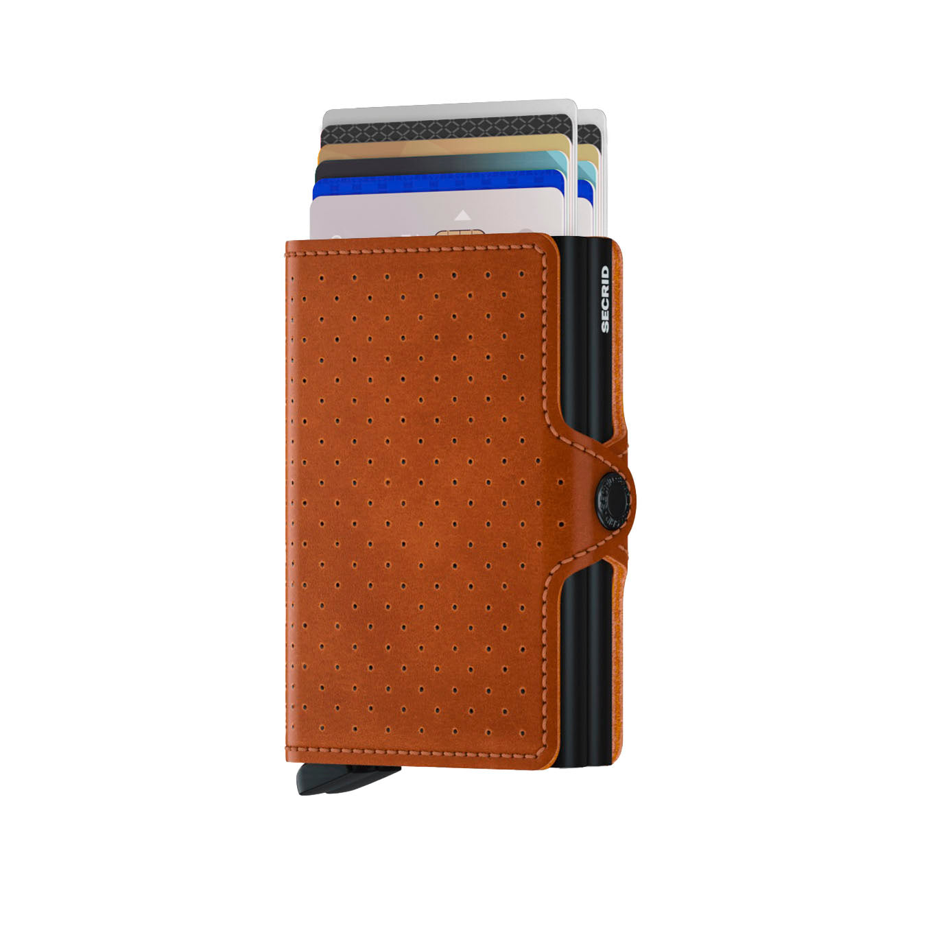 Secrid Twinwallet Perforated│art. TPF-COGNAC│Pasjeshouder│vooraanzicht met uitgeschoven pasjes