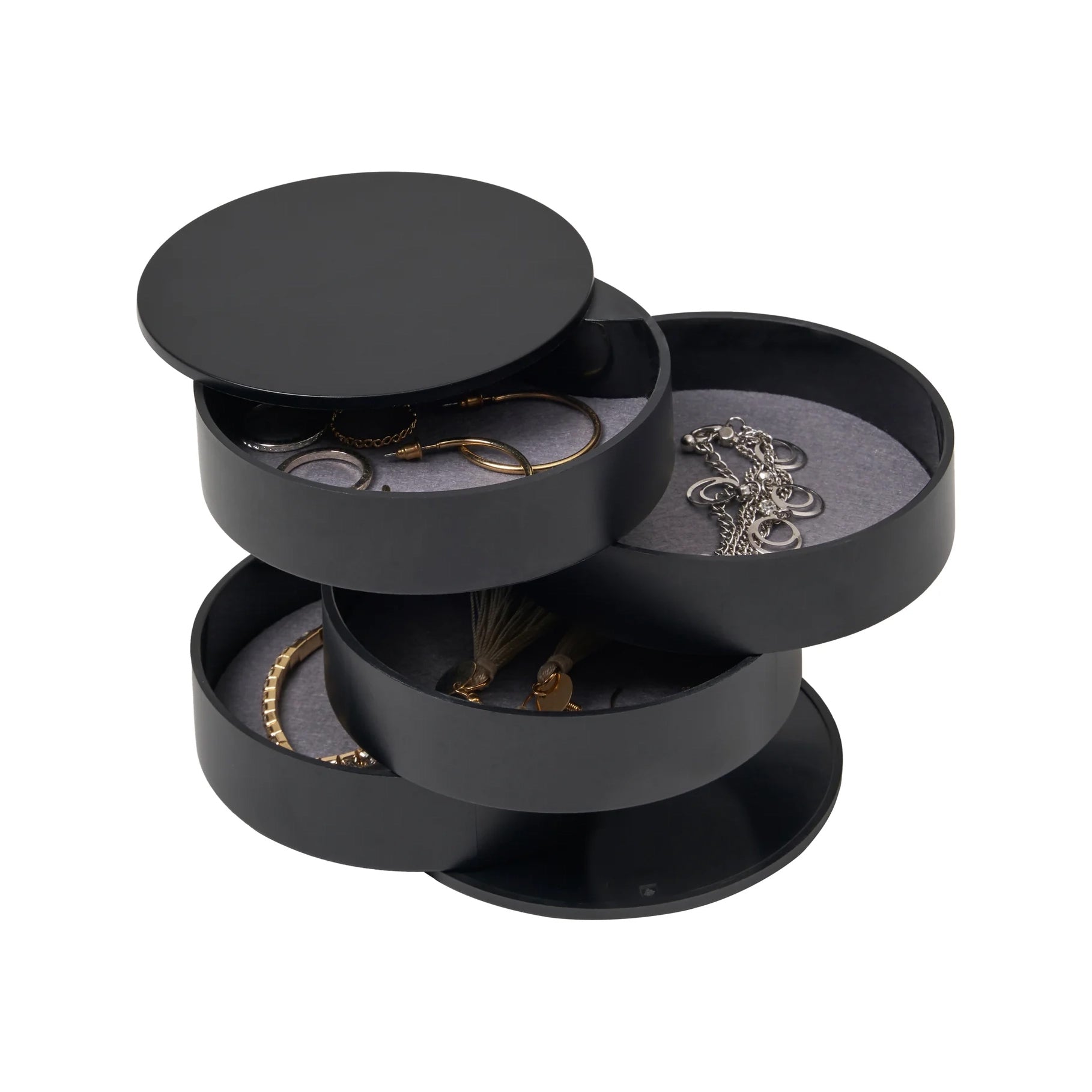 Sieradendoos Rond 4-Laags Zwart│Yamazaki│art. 04069│vooraanzicht met sieraden