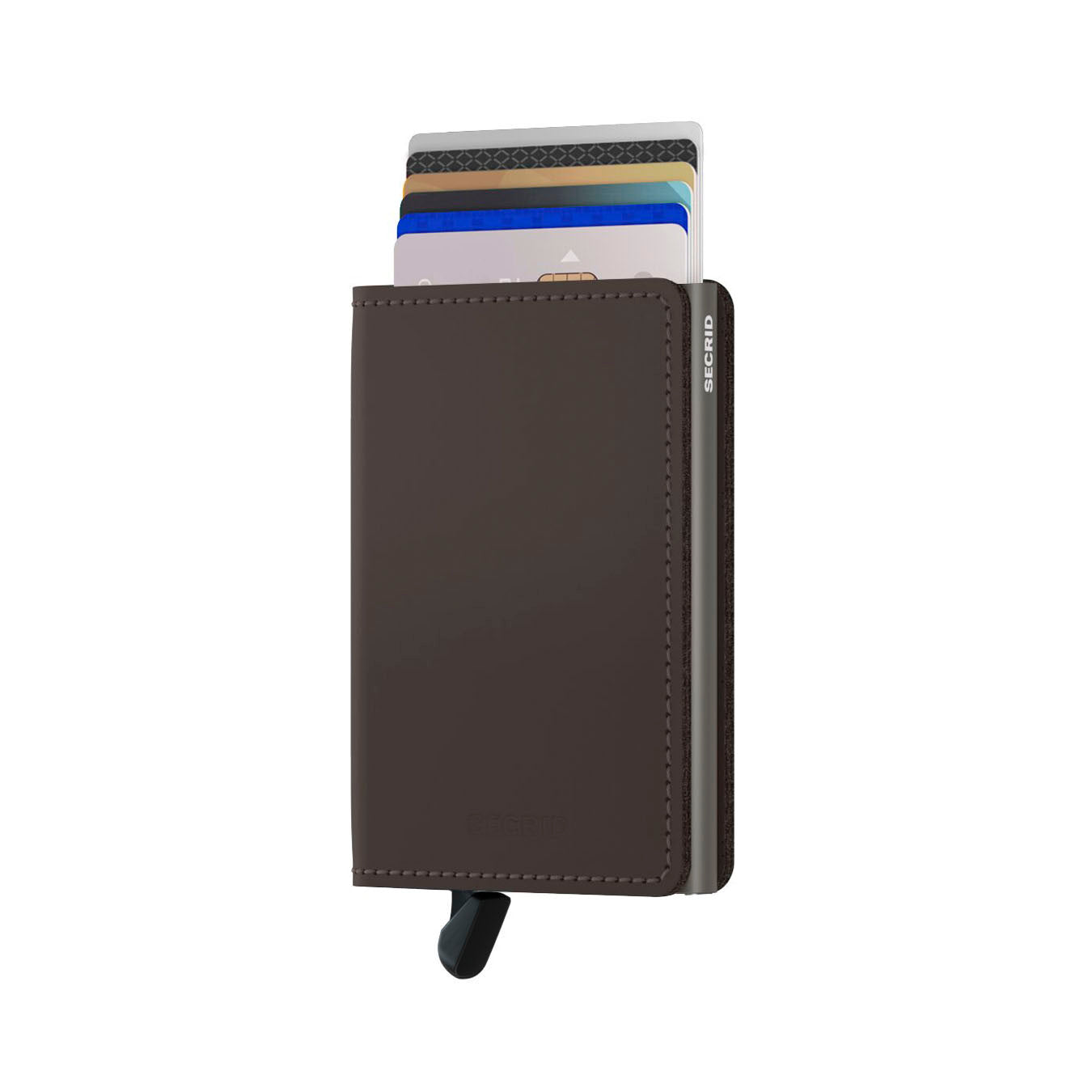 Secrid Slimwallet Matte│art. SM-TRUFFLE│Pasjeshouder│voorkant met uitgeschoven pasjes en clip