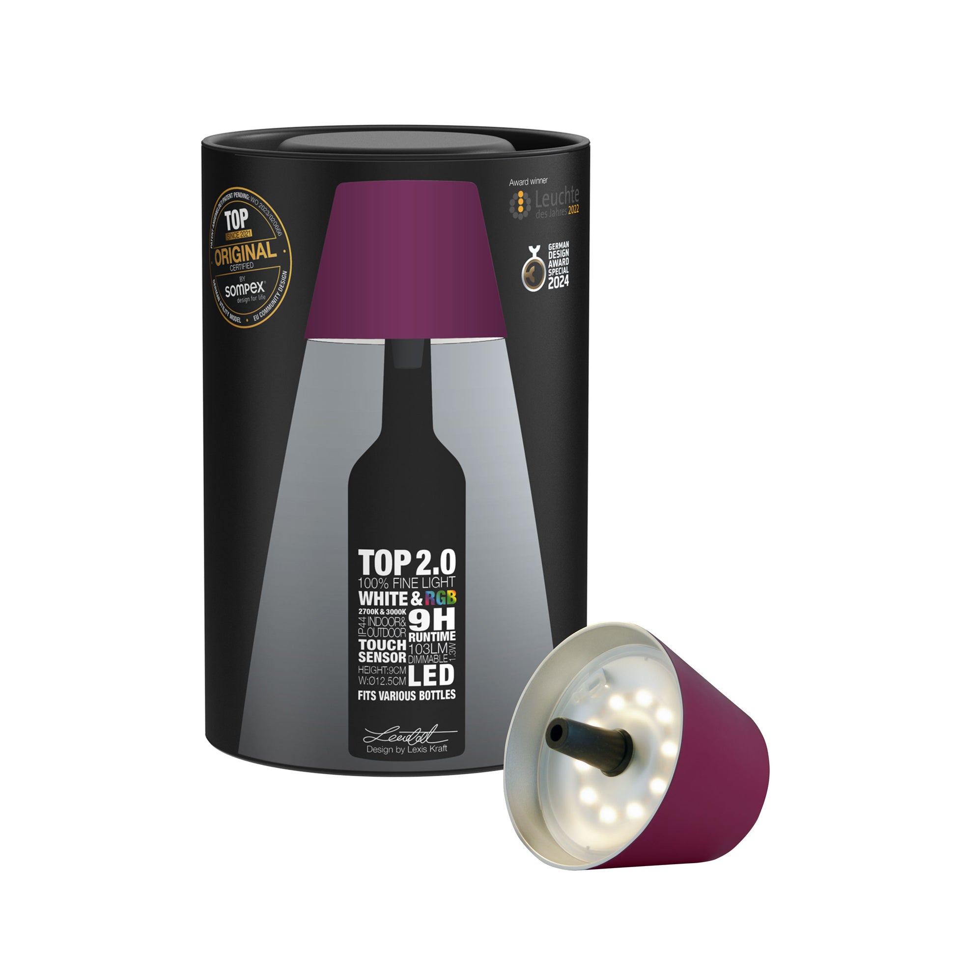 Sompex Top 2.0 Oplaadbare Flessenlamp│Bordeaux│Buitenverlichting│art. 72524│verpakking