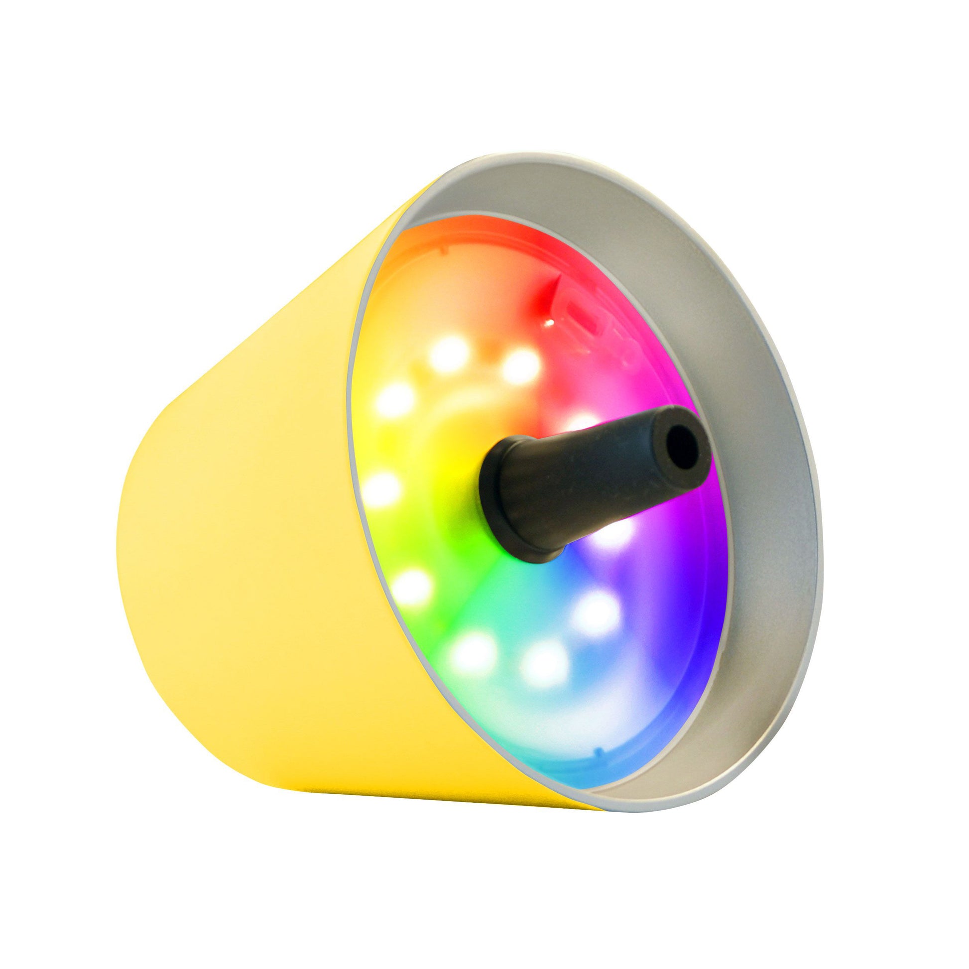 Sompex Top 2.0 Oplaadbare Flessenlamp│Geel│Buitenverlichting│art. 72526│lamp liggend met RGB-kleuren verlichting aan