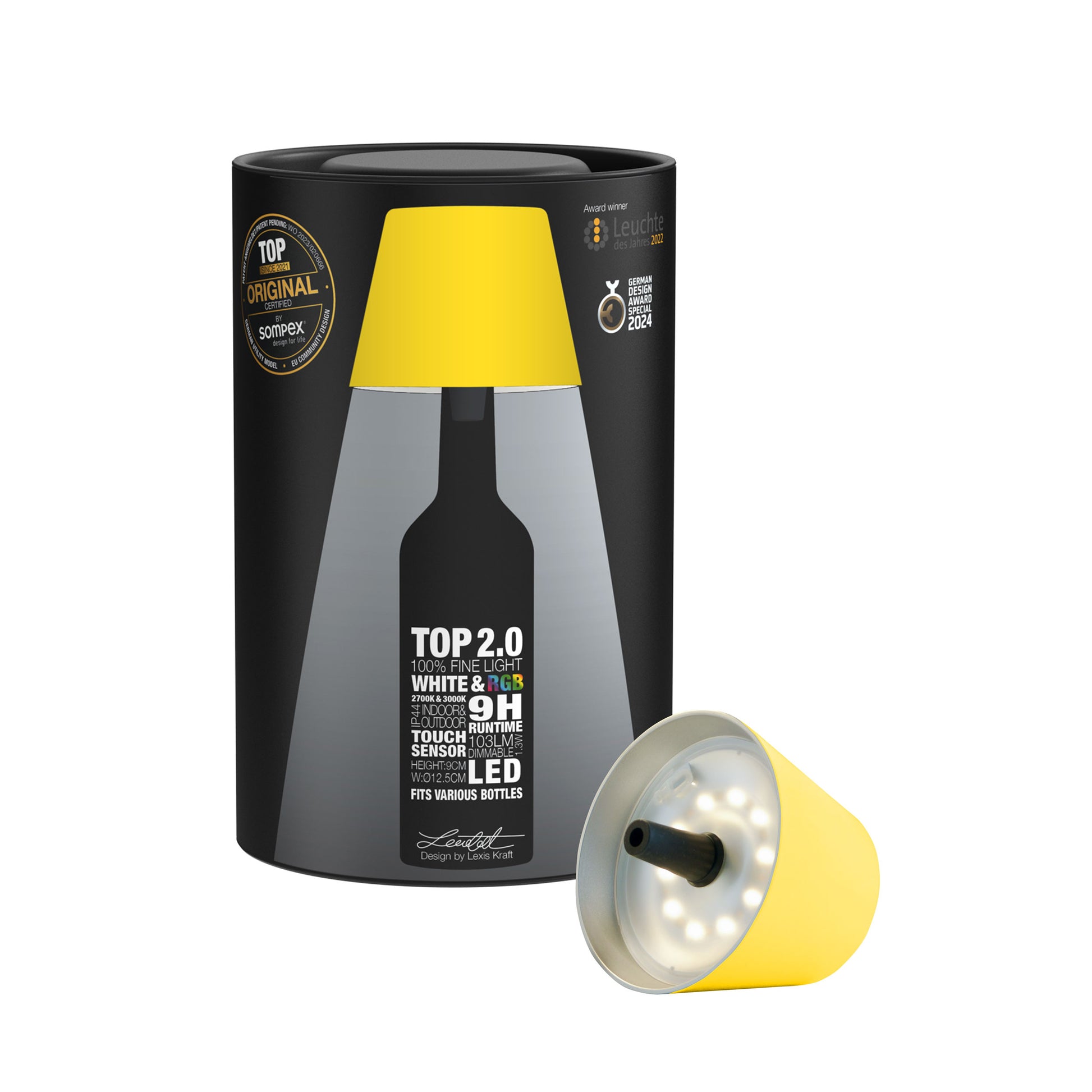 Sompex Top 2.0 Oplaadbare Flessenlamp│Geel│Buitenverlichting│art. 72526│verpakking