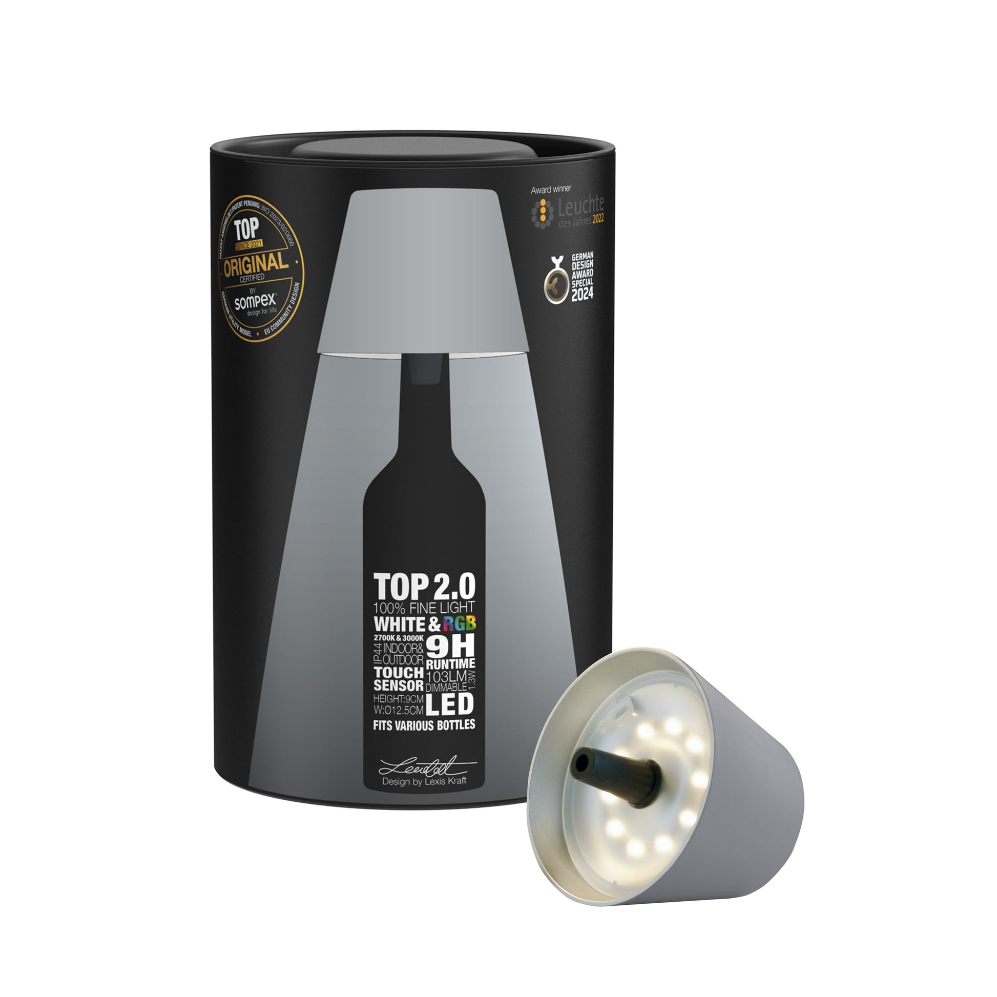 Sompex Top 2.0 Oplaadbare Flessenlamp│Grijs│Buitenverlichting│art. 72533│verpakking