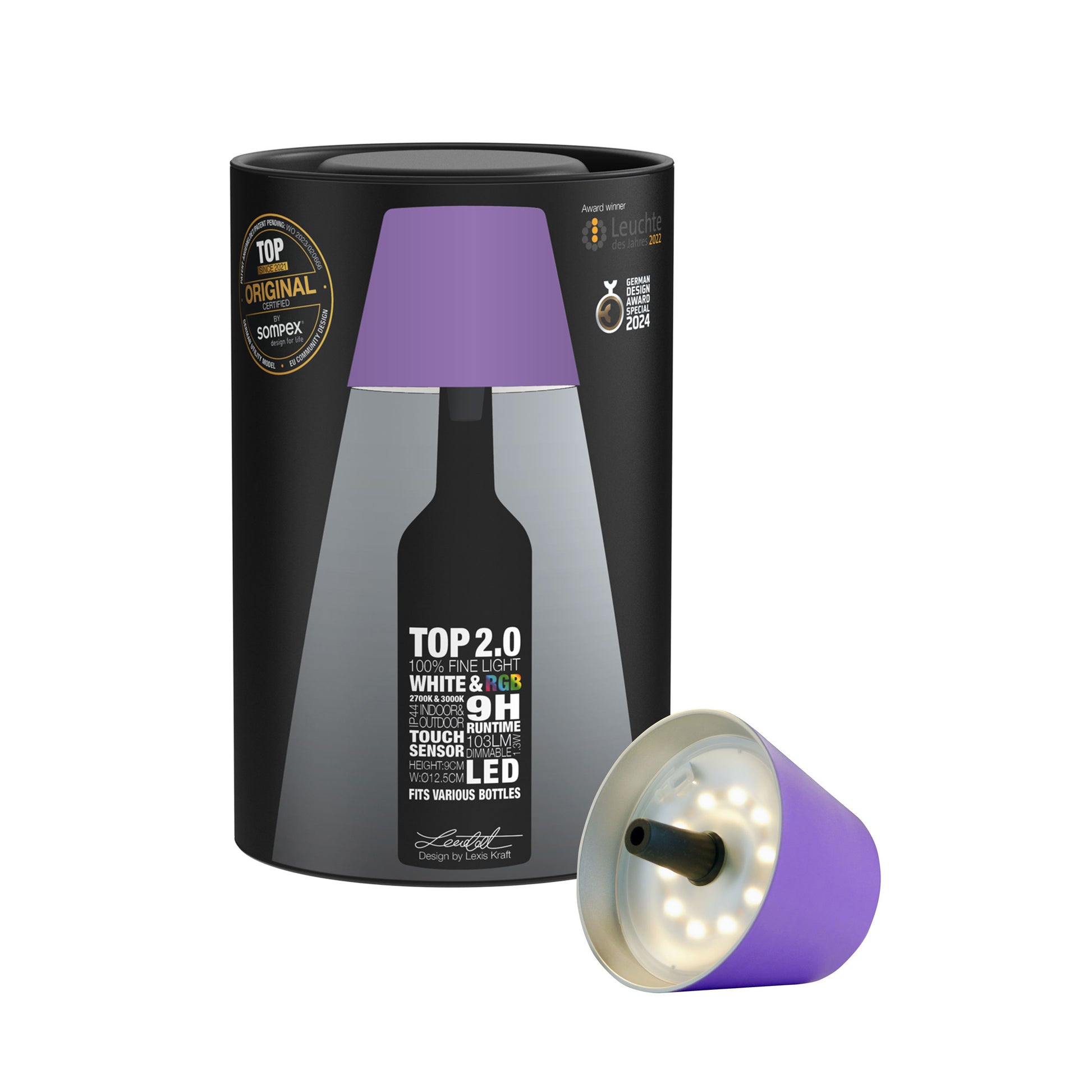 Sompex Top 2.0 Oplaadbare Flessenlamp│Lila│Buitenverlichting│art. 72531│verpakking