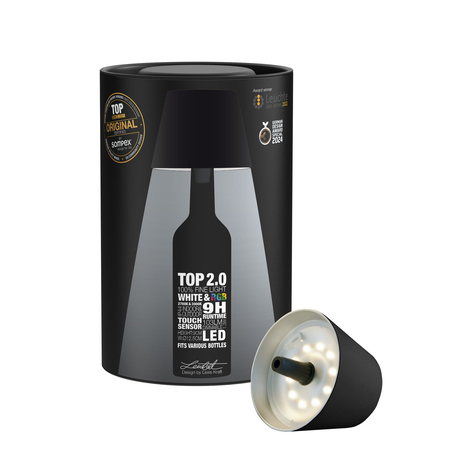 Sompex Top 2.0 Oplaadbare Flessenlamp│Zwart│Buitenverlichting│art. 72520│verpakking