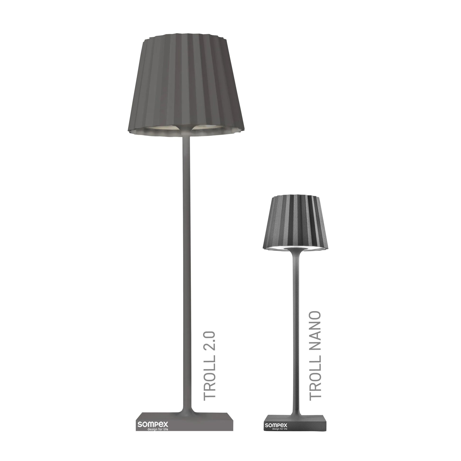 Sompex Troll 2.0 Antraciet│Oplaadbare Tafellamp│Buitenverlichting│art. 78180│hoogteverschil met Nano versie