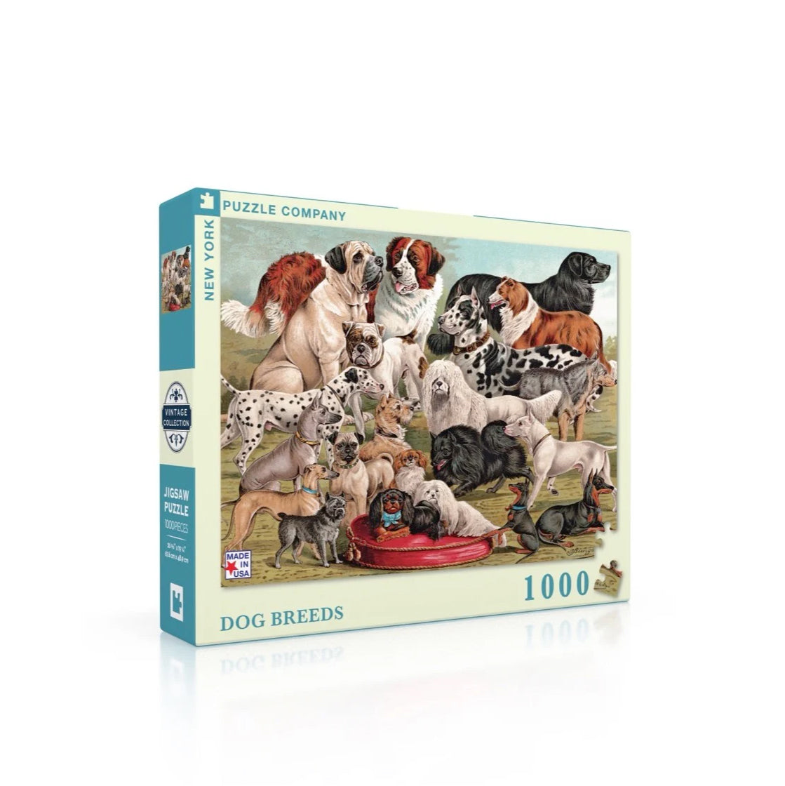 Puzzel Vintage Dog Breeds-Hondenrassen│New York Puzzle Company│art. NPZPD1880│voorkant schuin met witte achtergrond