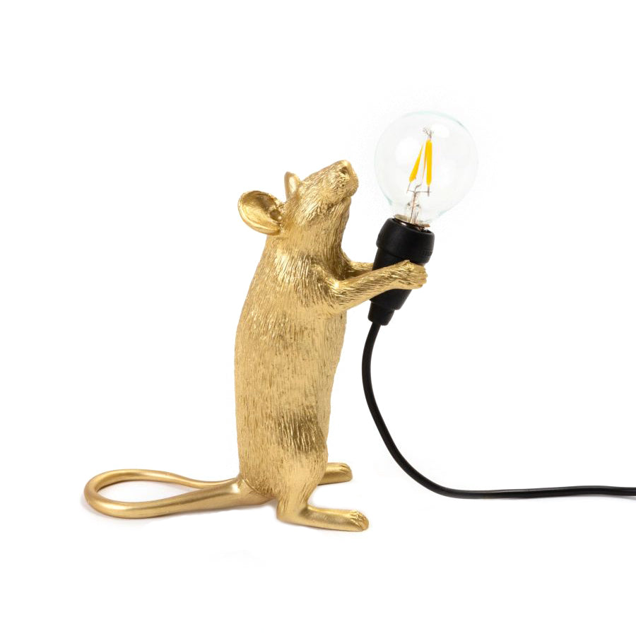 Seletti Mouse Lamp Goud Standing│zijkant met licht uit en witte achtergrond