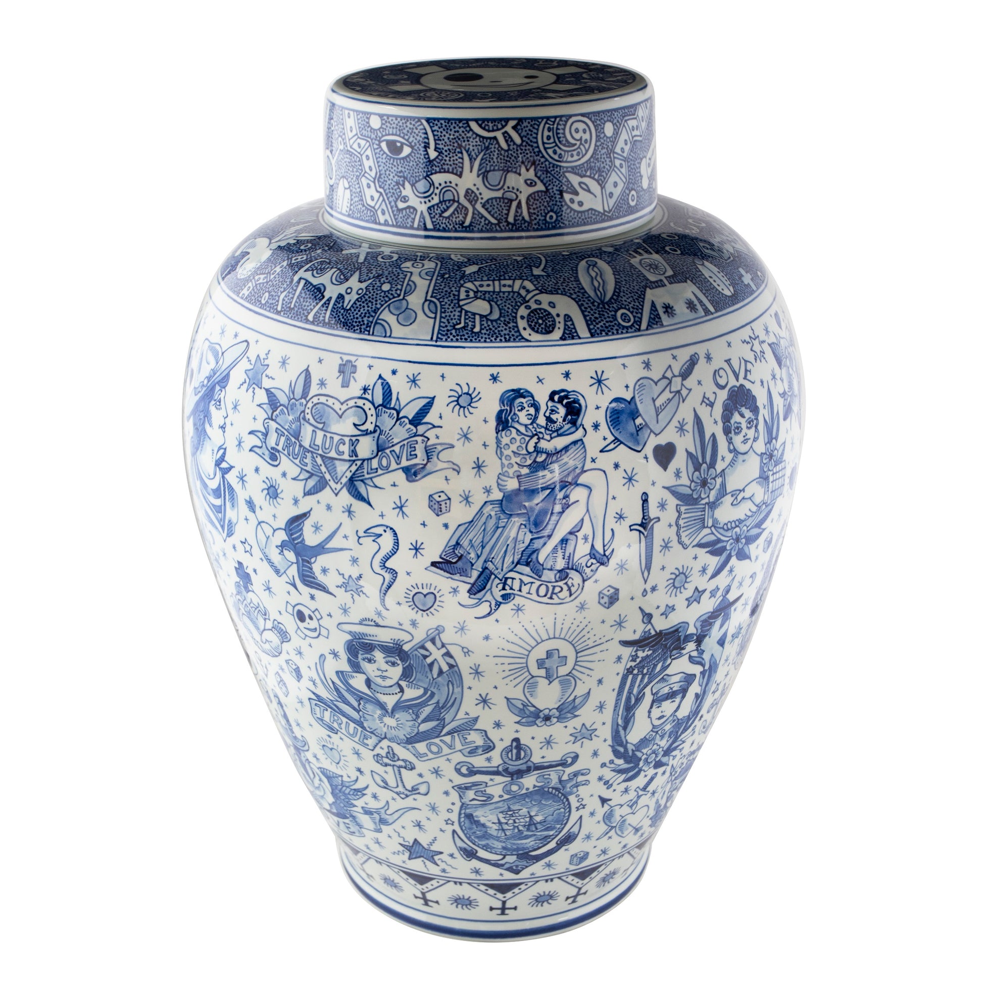 Vaas True Love│Schiffmacher Royal Blue Tattoo│Royal Delft│art. 65800600│voorkant schuin met tattoo Amore