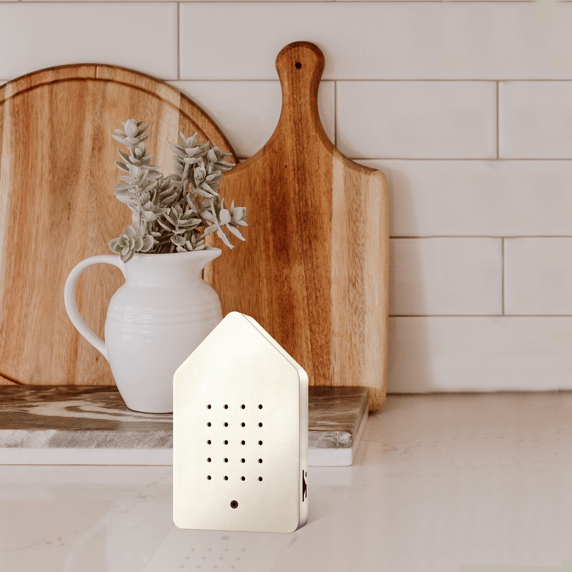 Birdybox White Jesmonite│relaxound│Vogelgeluiden│art. 11BB0801001│op keukenblad met houten planken