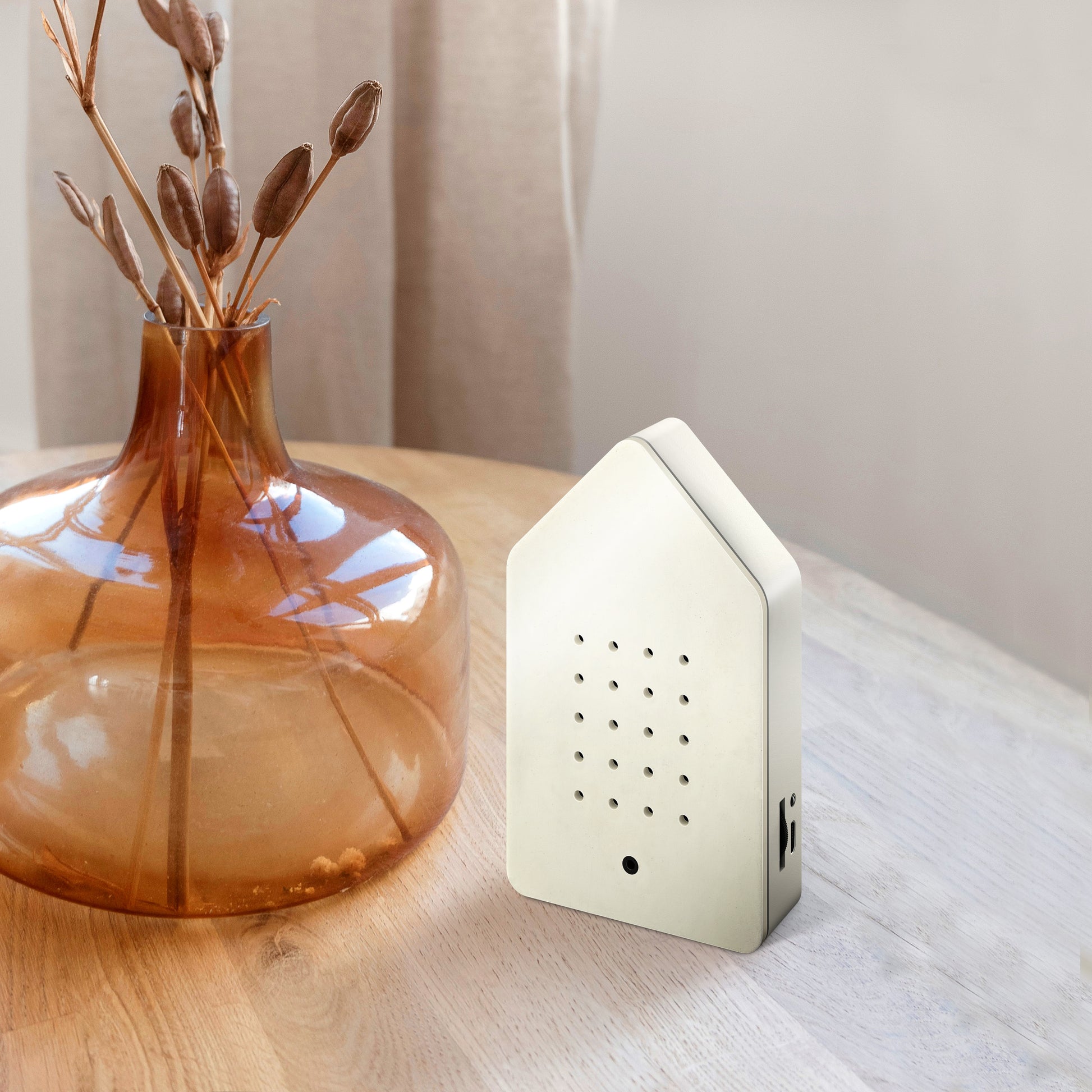 Birdybox White Jesmonite│relaxound│Vogelgeluiden│art. 11BB0801001│op tafel naast vaas