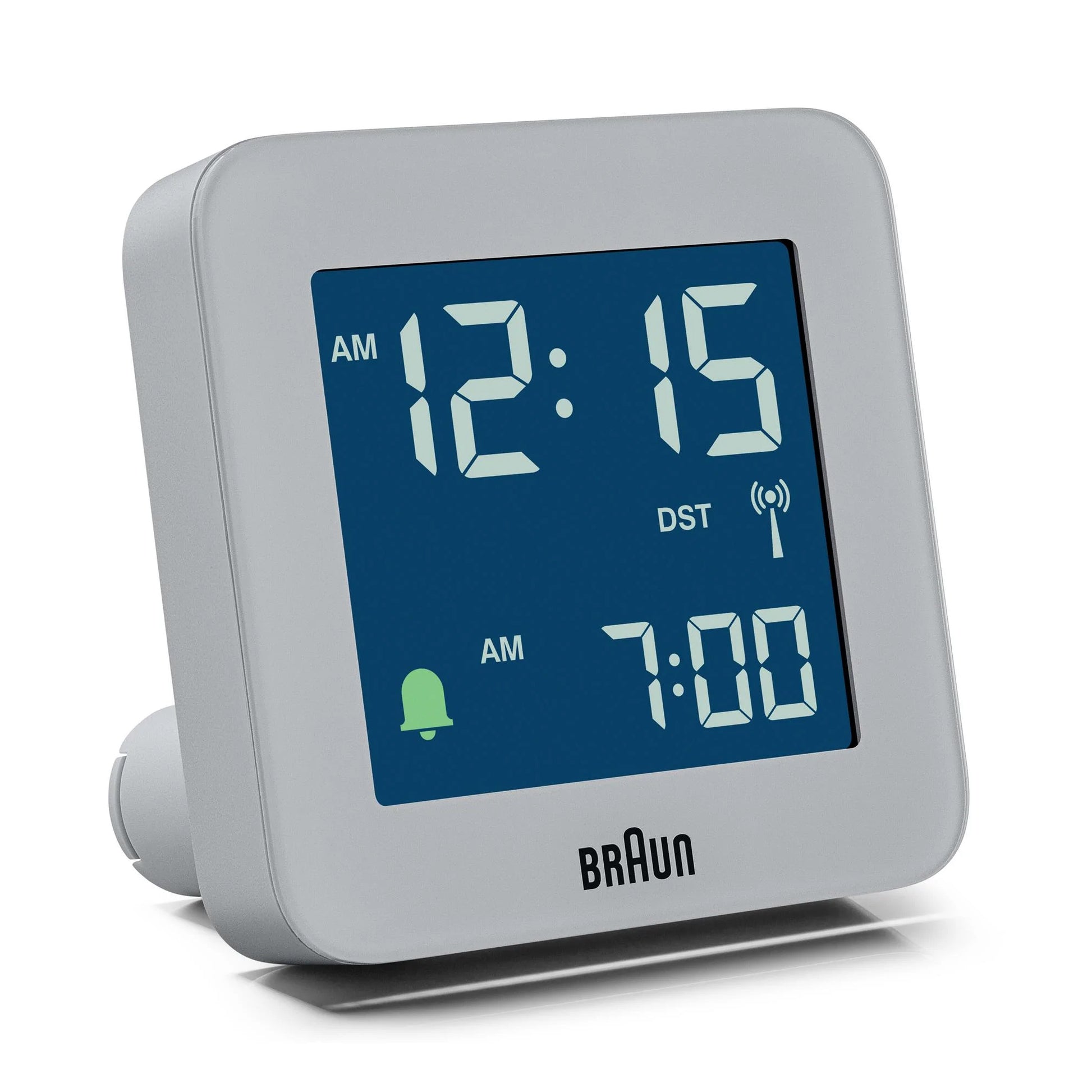 Braun Wekker Digitaal BC09G-DCF│Grijs│Radiogestuurd│voorkant schuin met verlichting aan