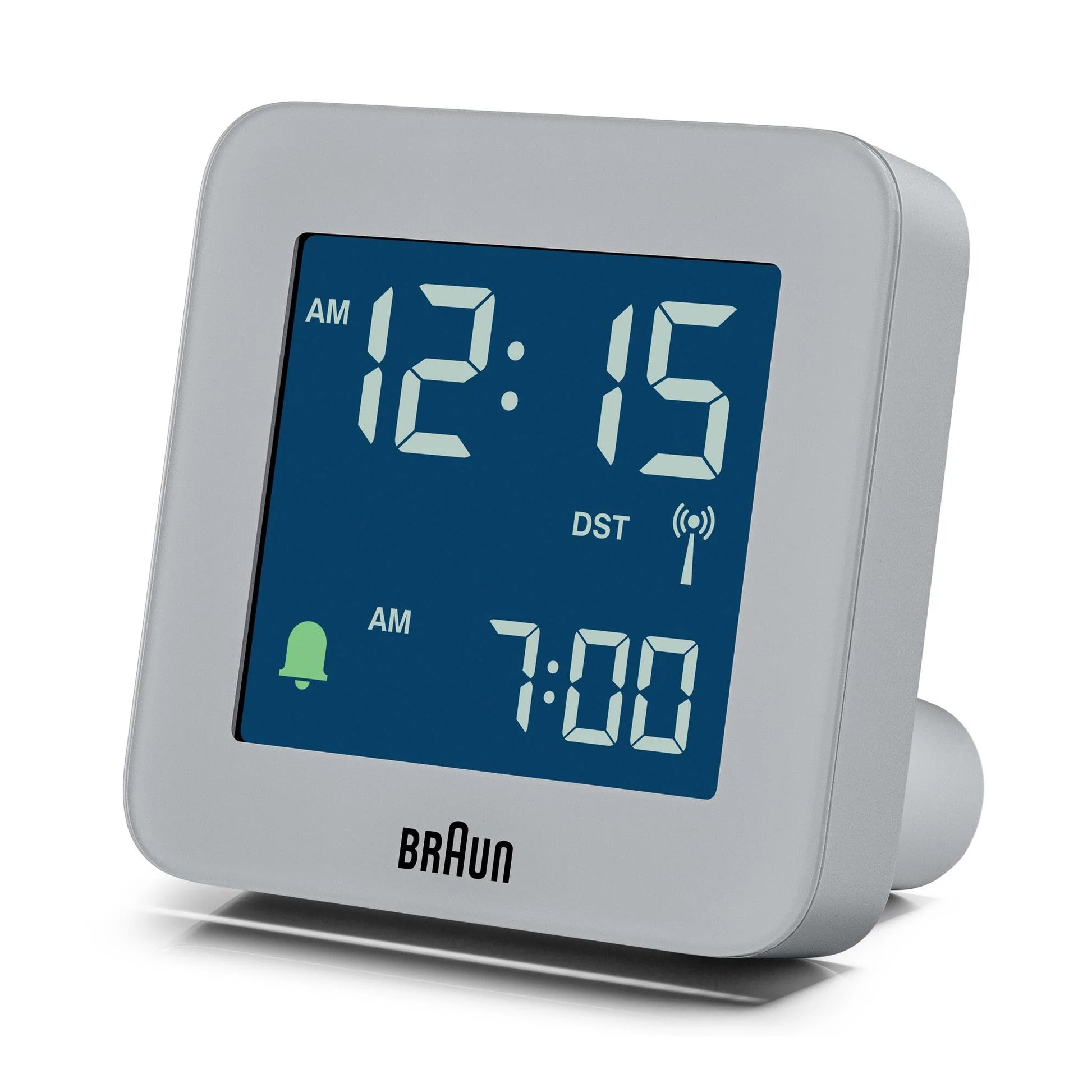 Braun Wekker Digitaal BC09G-DCF│Grijs│Radiogestuurd│voorkant schuin links met verlichting aan