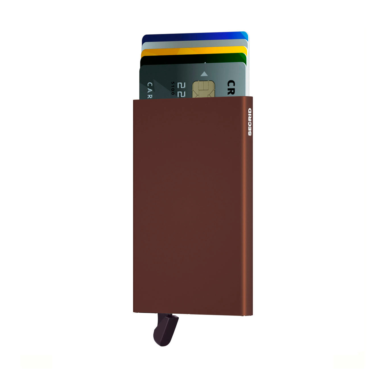 Secrid Cardprotector│art. C-BROWN│Pasjeshouder│voorkant met uitgeschoven pasjes en clip