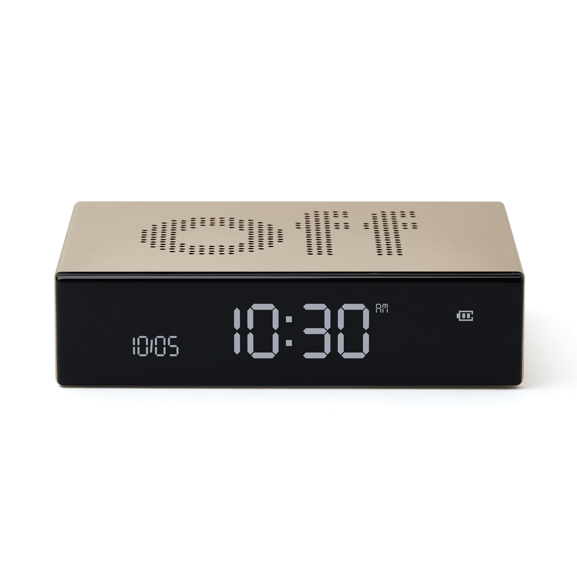 Lexon Flip Premium Wekker Goud│Art. LR152D│voorkant met Off-teken aan bovenzijde