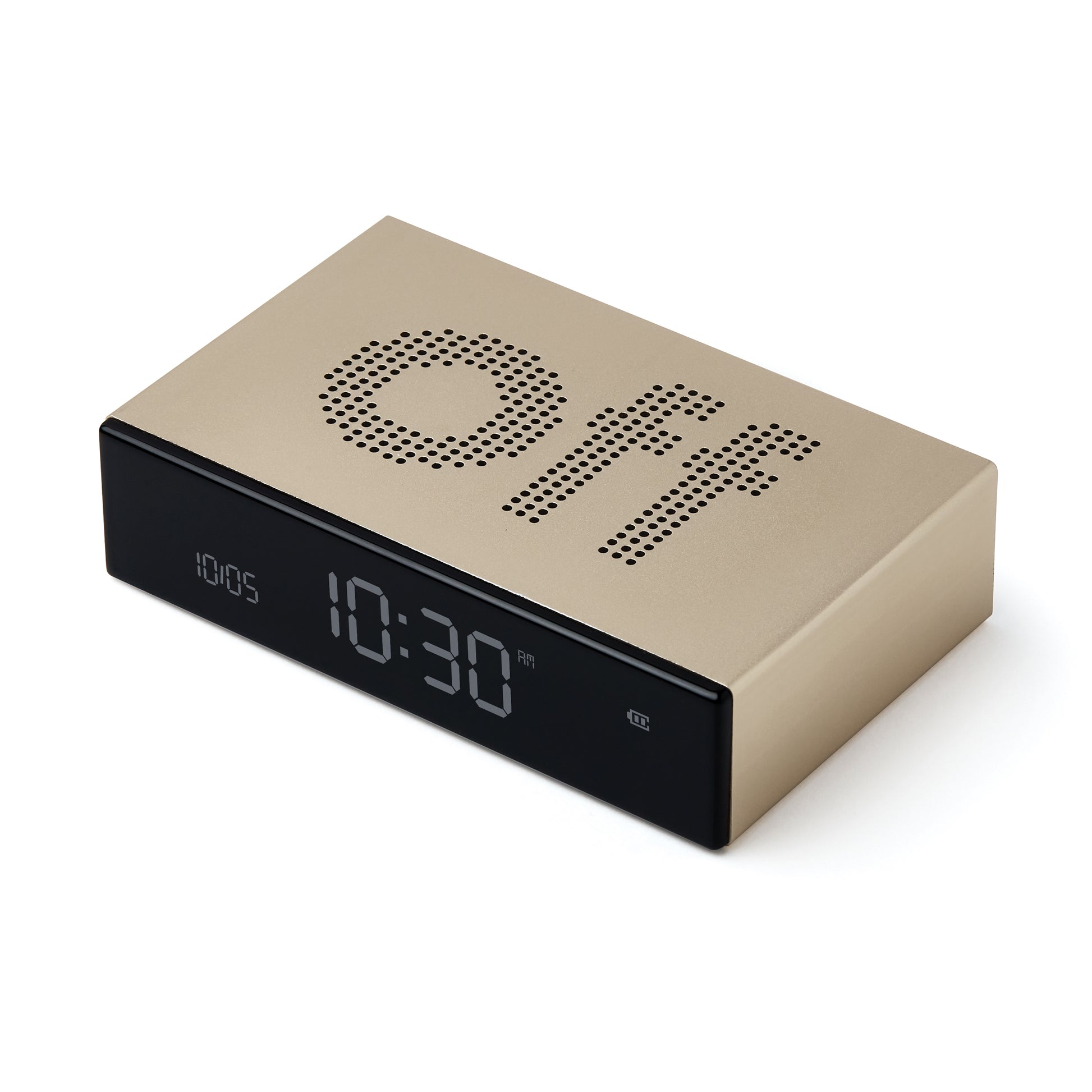Lexon Flip Premium Wekker Goud│Art. LR152D│bovenkant schuin met Off-teken aan bovenzijde