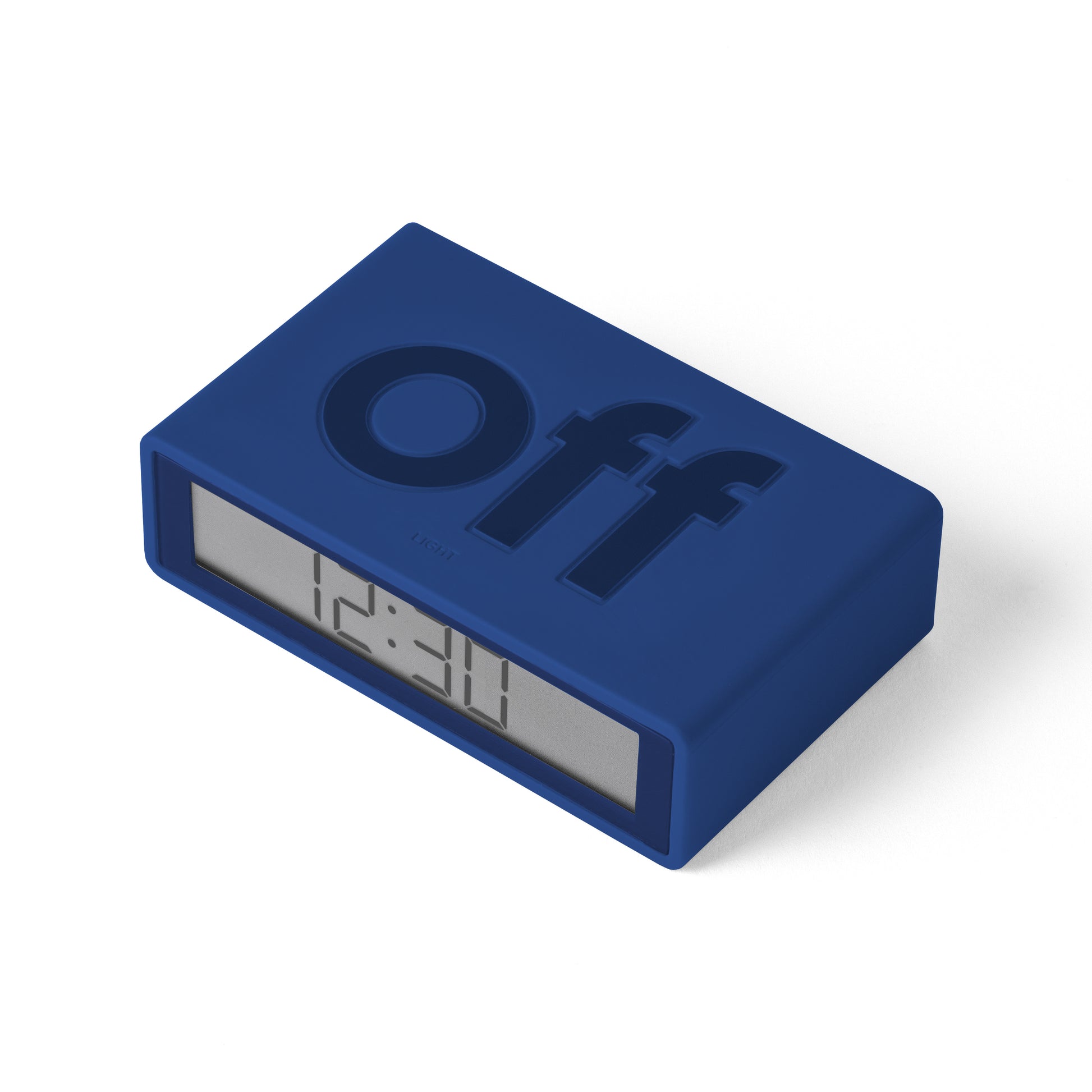 Lexon Flip+ Reiswekker Digitaal│Donkerblauw│bovenkant met verlichting uit en OFF-teken naar boven