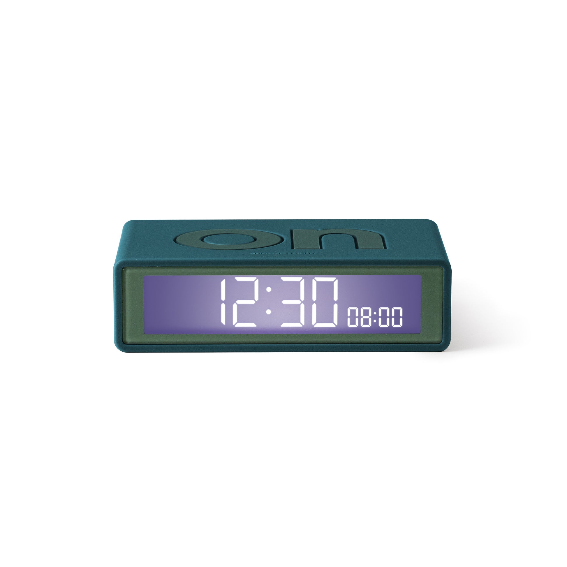 Lexon Flip+ Reiswekker Digitaal│Duck Blue│voorkant met verlichting aan en ON-teken naar boven