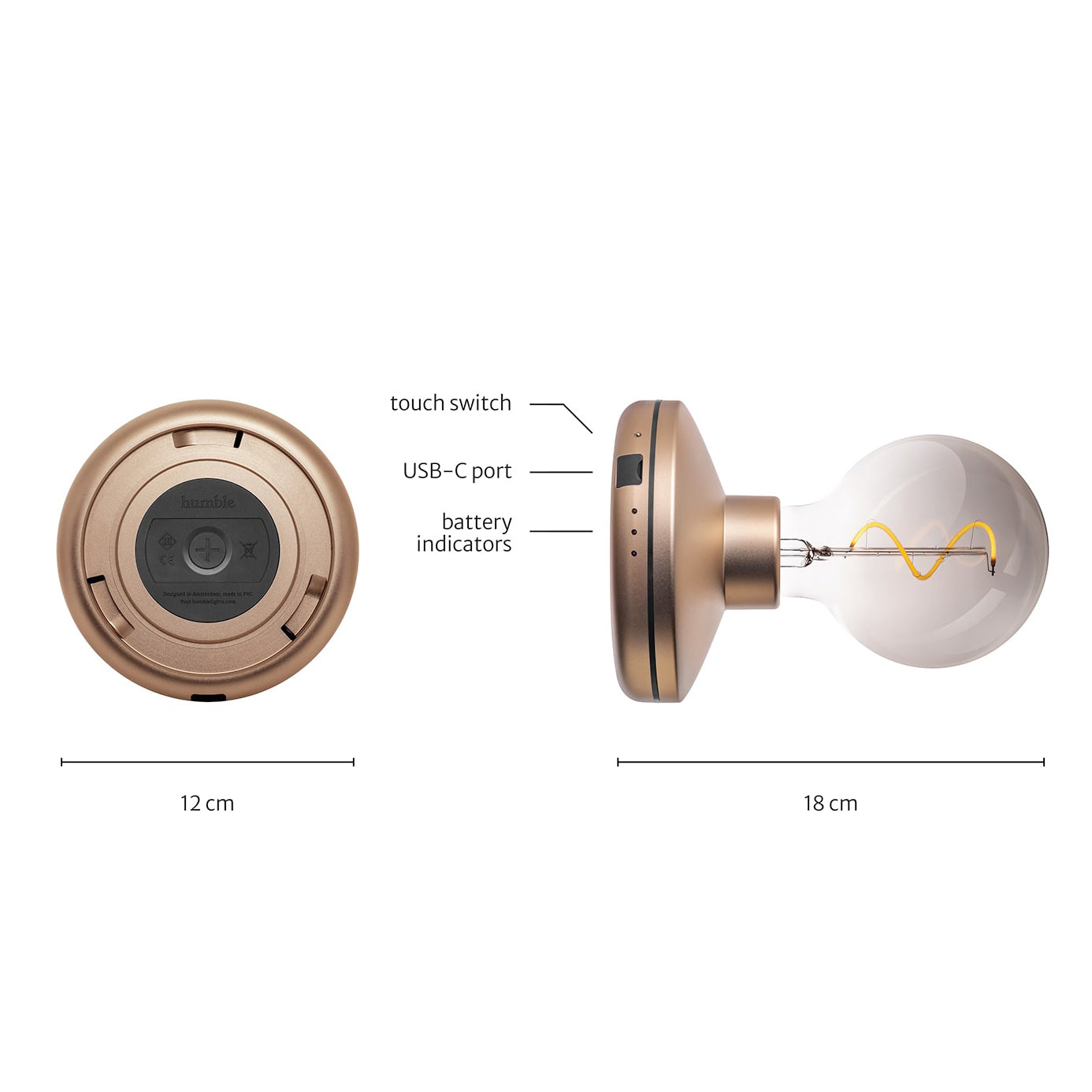 Humble Bee Oplaadbare Wandlamp Gold Smoked│Smart Verlichting│art. HUMWL00103│afmeting en functie toetsen