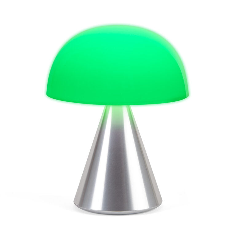 Lexon Mina Large Oplaadbare Tafellamp Aluminium│art. LH65MAP│vooraanzicht met groen licht aan