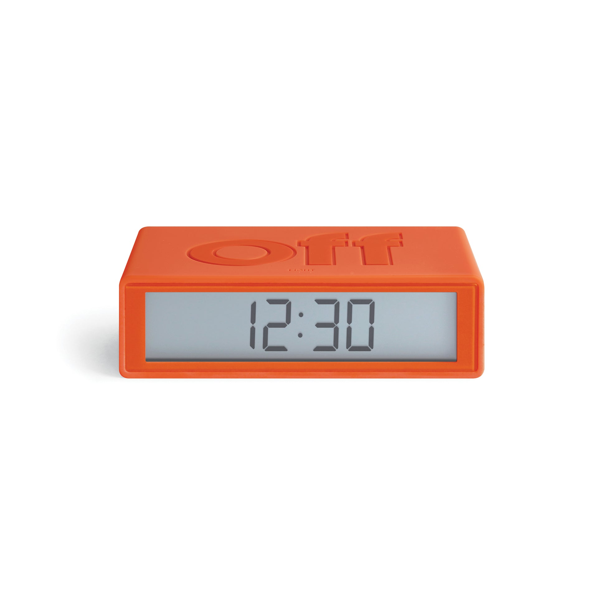 Lexon Flip Reiswekker Digitaal│Oranje│voorkant met verlichting uit en OFF-teken naar boven
