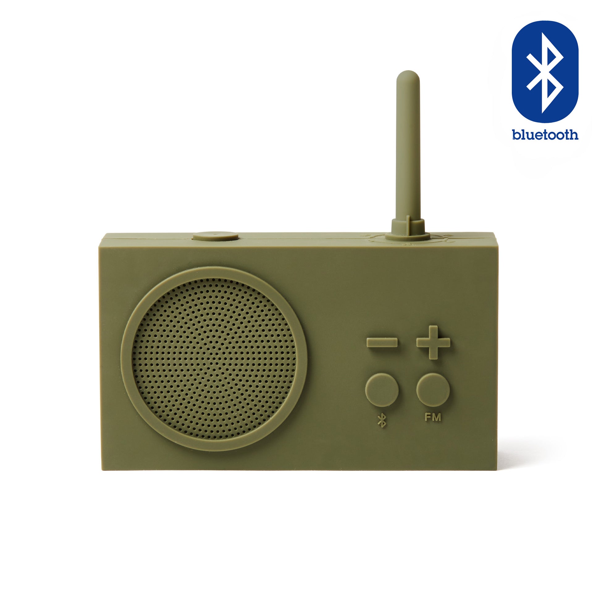 Lexon Tykho-3 FM Radio en Bluetooth-speaker│oplaadbaar en waterbestendig│art. LA119K9│voorkant witte achtergrond en Bluetooth teken