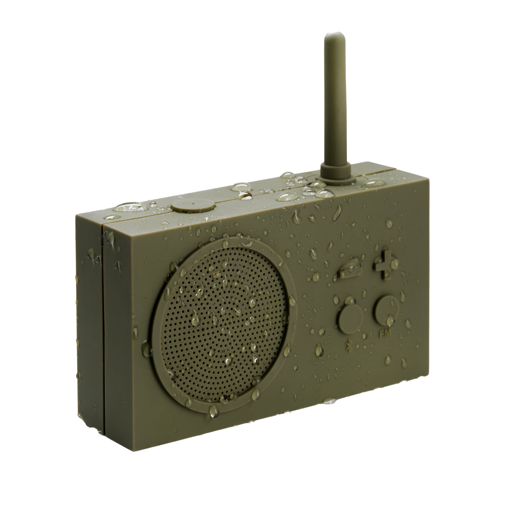Lexon Tykho-3 FM Radio en Bluetooth-speaker│oplaadbaar en waterbestendig│art. LA119K9│voorkant schuin met waterdruppels