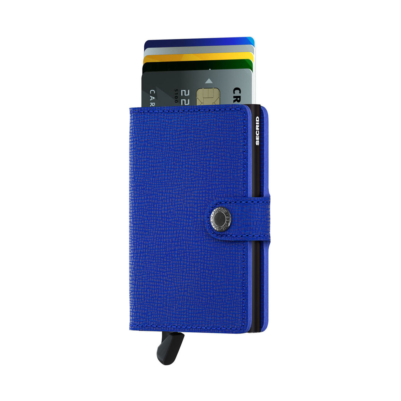 Secrid Miniwallet Crisple│art. MC-BLUE-BLACK│Pasjeshouder│voorkant met uitgeschoven pasjes en clip