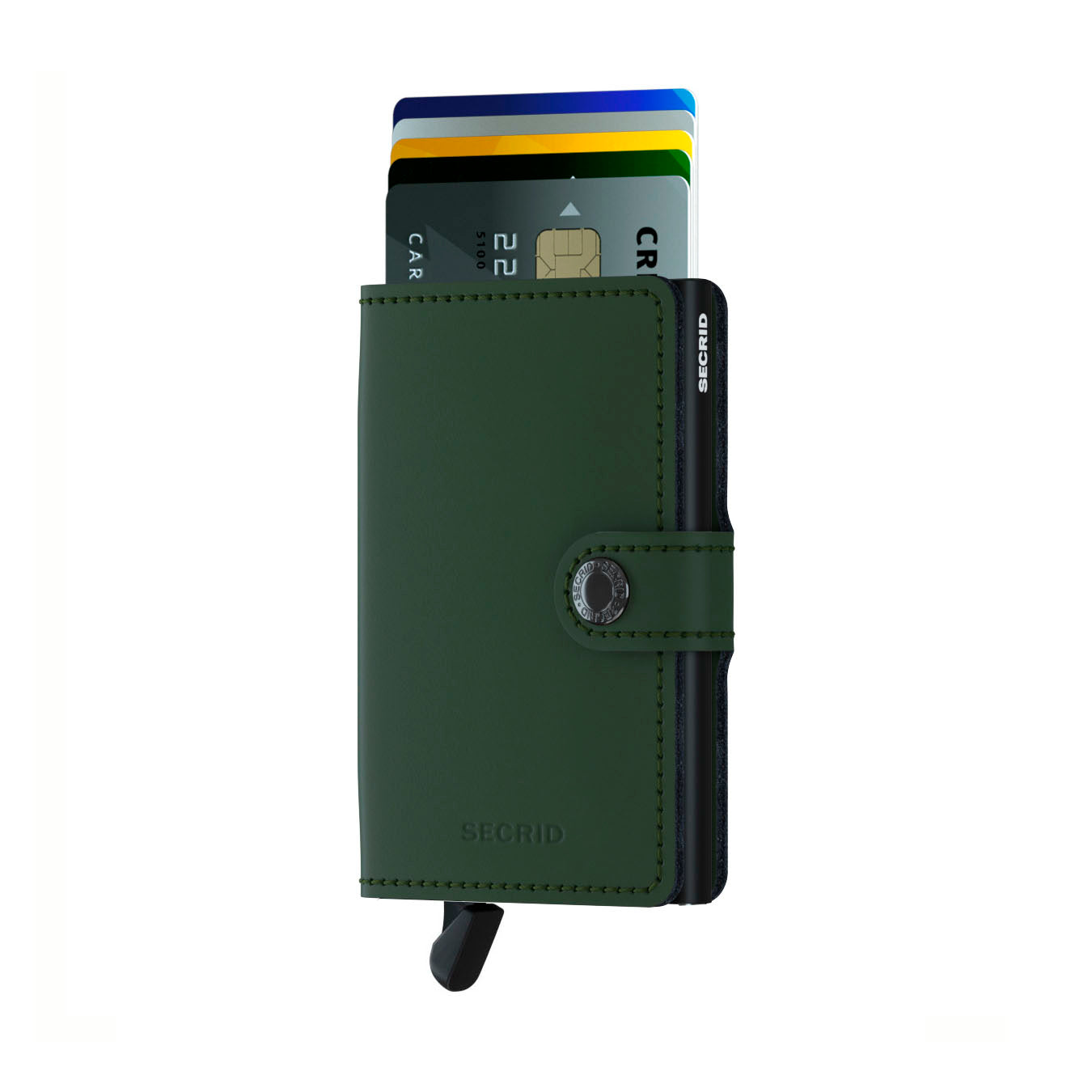Secrid Miniwallet Matte│art. MM-GREEN-BLACK│Pasjeshouder en Portemonnee│voorkant met uitgeschoven pasjes en clip