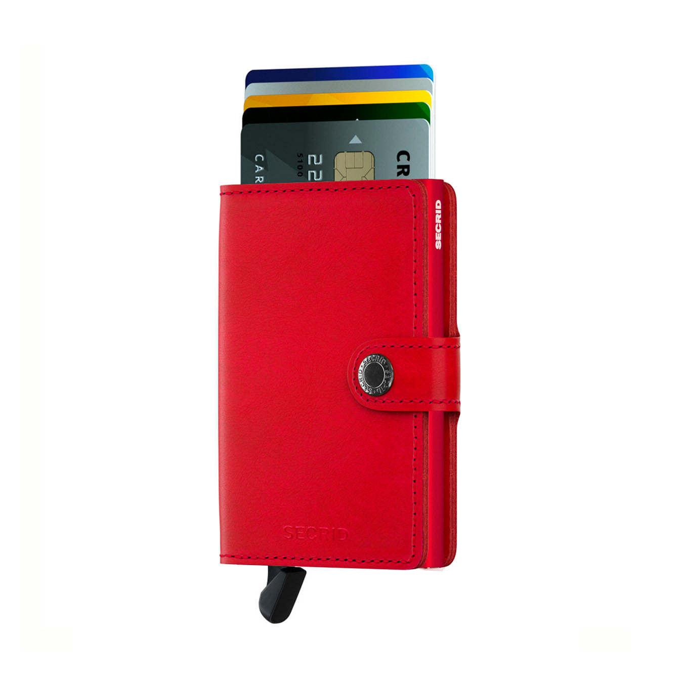 Secrid Miniwallet Original│art. M-RED-RED│voorkant met uitgeschoven pasjes en clip